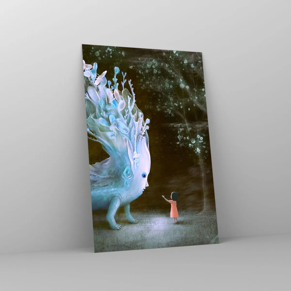 Quadro su vetro - La figura di una ragazza di fronte a una creatura fantastica - 80x120cm - Incontro fantastico - Decorazione murale moderna per soggiorno e camera da letto ARTTOR
