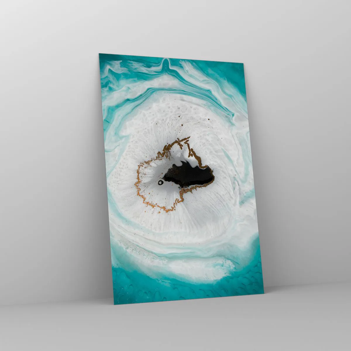 Glasbild - Bild auf glas - Abstraktes Geodenmotiv in Türkis-, Weiß- und Goldtönen - 80x120cm - Nach Innen eindringen - Moderne Wanddekoration für Wohnzimmer und Schlafzimmer ARTTOR