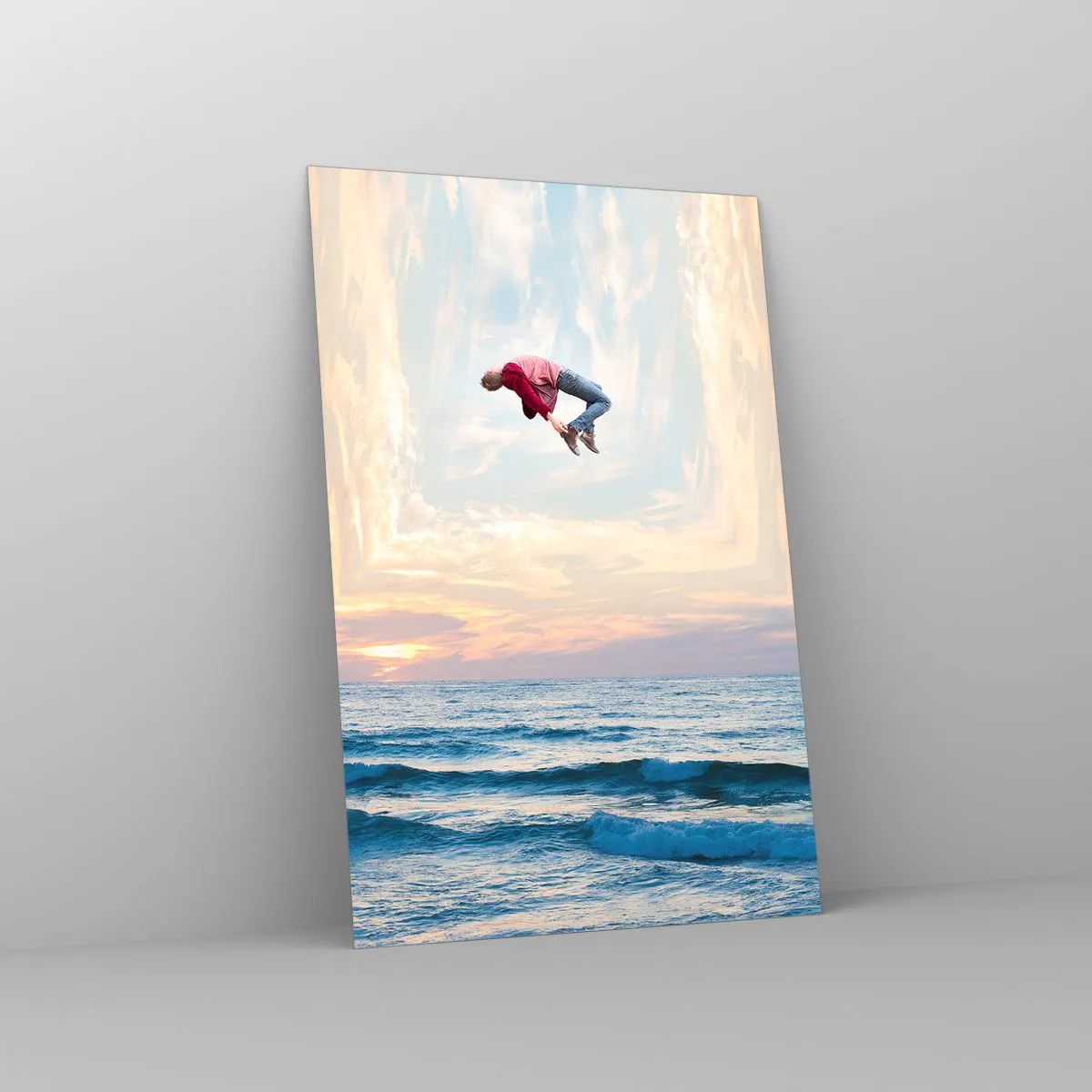 Impression sur verre - Image sur verre - Saut surréaliste au-dessus de la mer dans le cadre - 80x120cm - Vers une autre dimension - Décoration murale moderne pour le salon et la chambre ARTTOR
