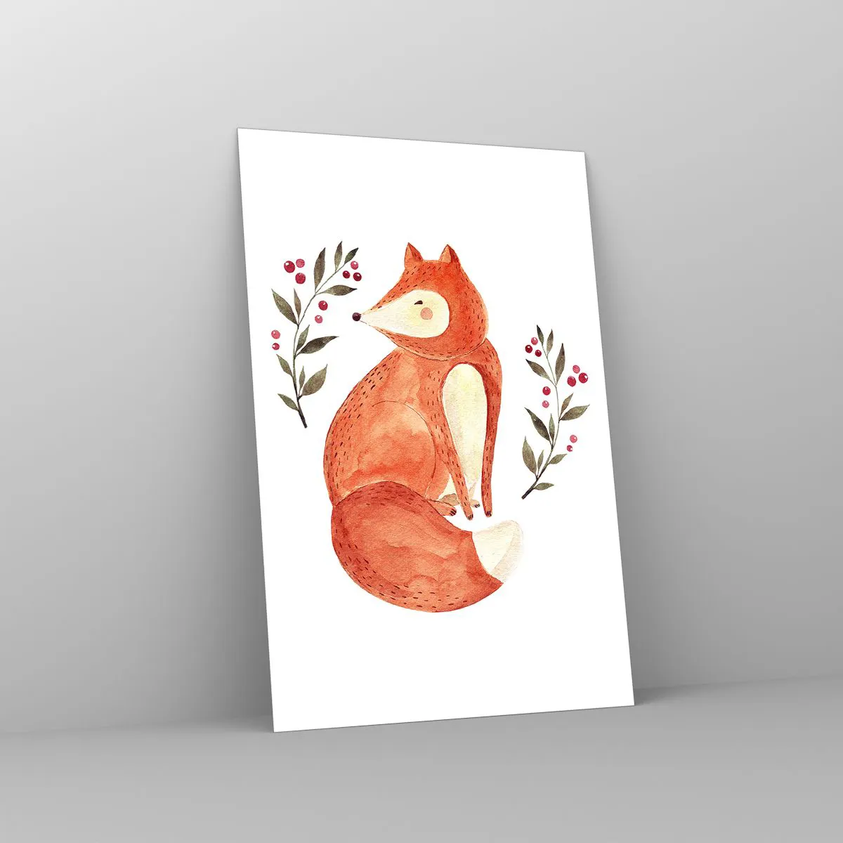 Cuadro sobre vidrio - Impresiones sobre Vidrio - Un zorro de acuarela rodeado de ramitas con bayas. - 80x120cm - Pequeño pelirrojo - Decoración de pared moderna para salón y dormitorio ARTTOR