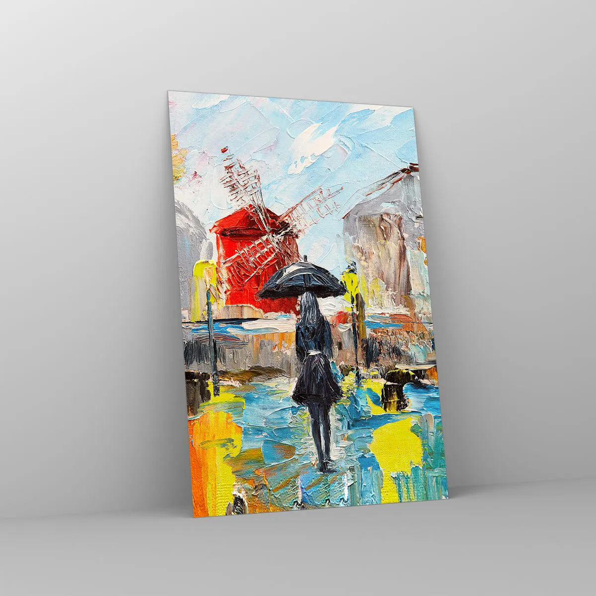 Glasbild - Bild auf glas - Eine malerische Szene mit einem Regenschirm vor der Kulisse von Paris in leuchtenden Farben. - 80x120cm - Pariser Legenden - Moderne Wanddekoration für Wohnzimmer und Schlafzimmer ARTTOR