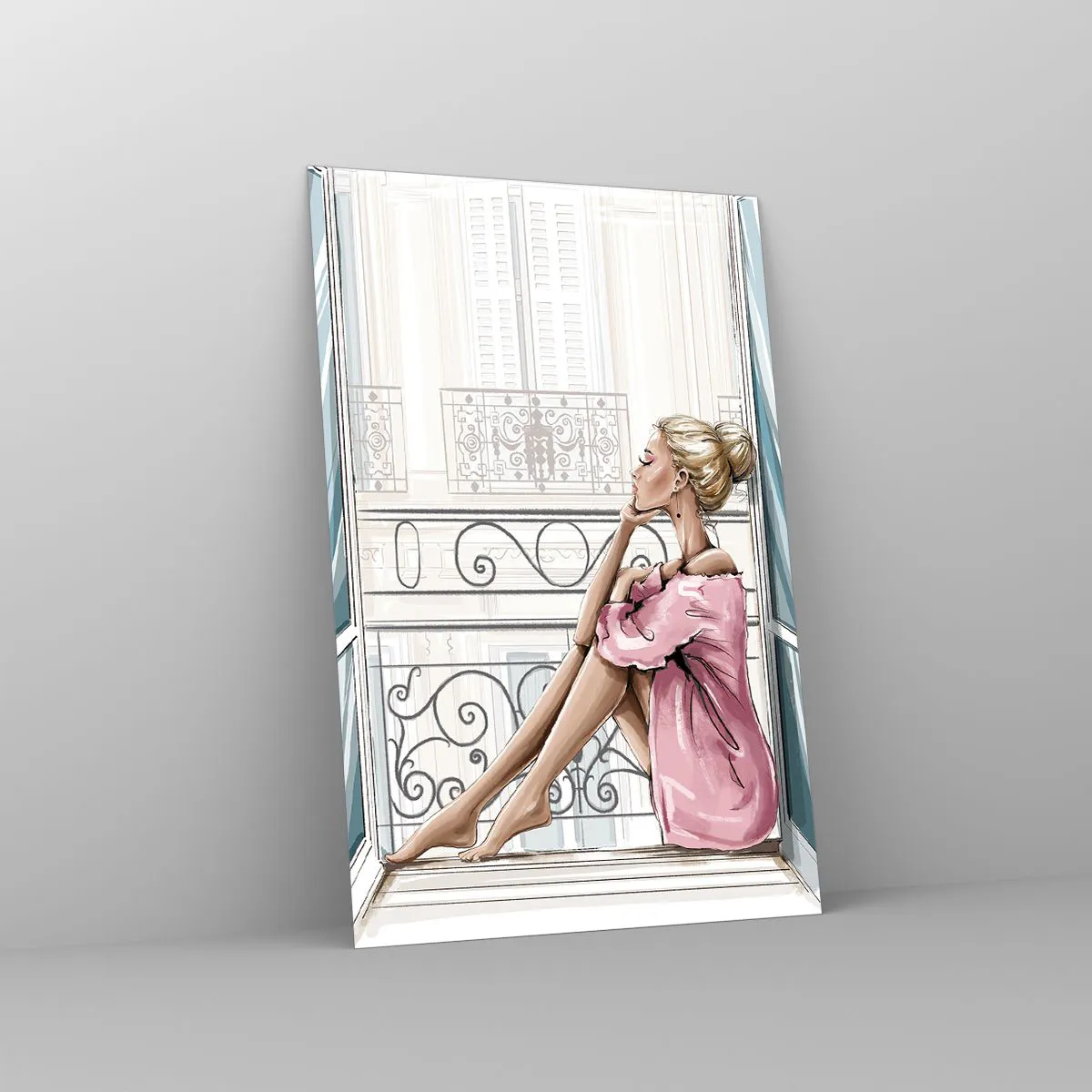 Obraz na szkle - Kobieta w różowej sukience siedząca na oknie z widokiem na paryską kamienicę - 80x120cm - Paryski poranek - Nowoczesna dekoracja ścienna do salonu i sypialni ARTTOR