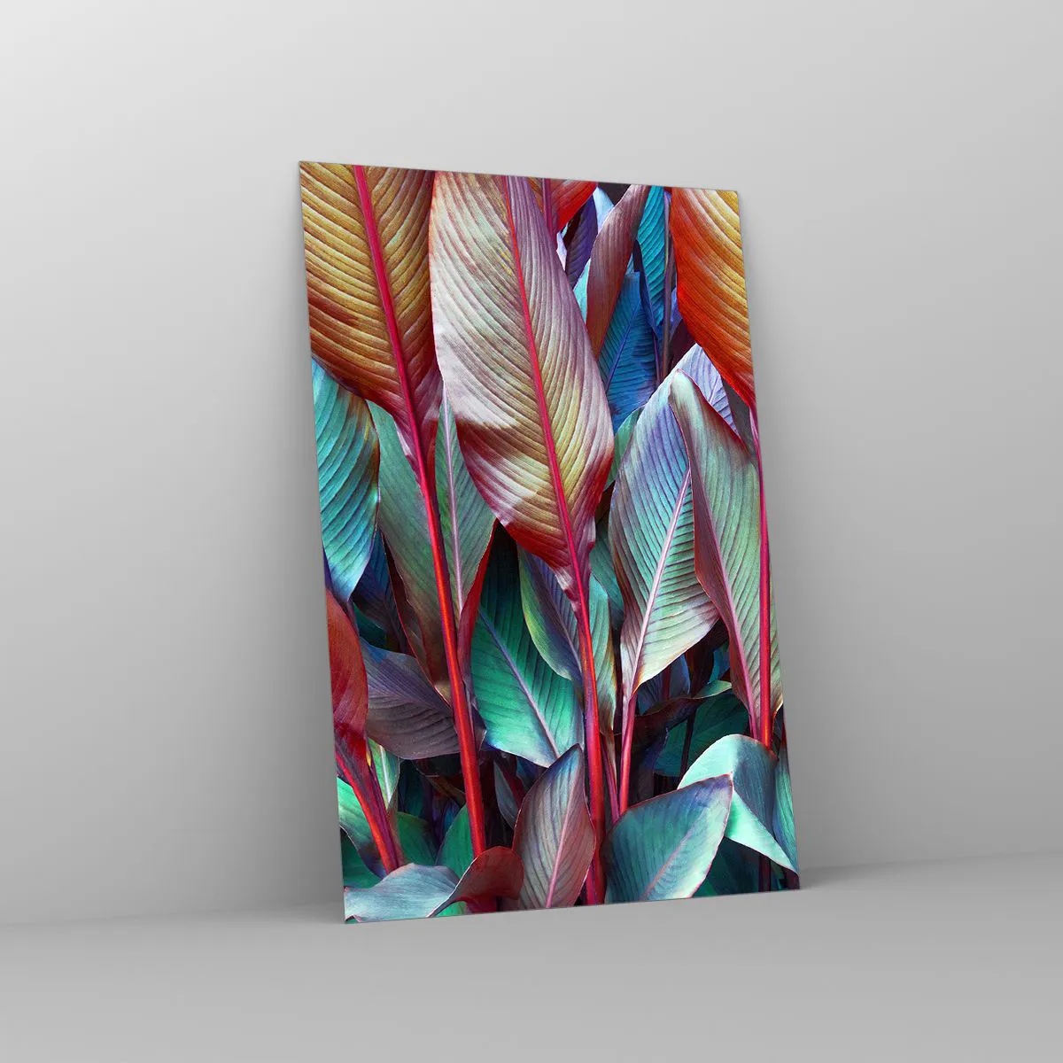 Quadro su vetro - Foglie colorate di piante tropicali nel folto - 80x120cm - Selva colorata - Decorazione murale moderna per soggiorno e camera da letto ARTTOR