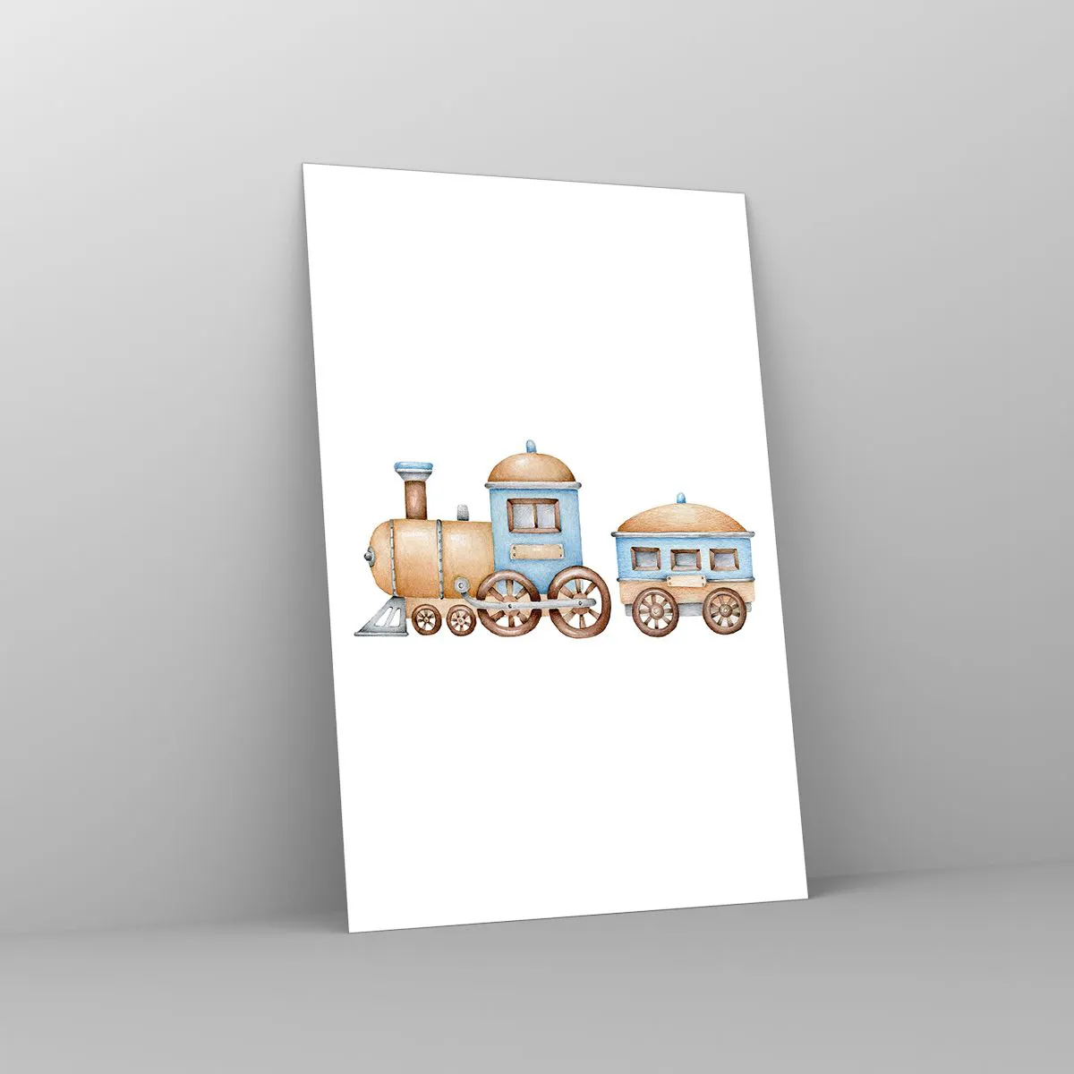 Impression sur verre - Image sur verre - Dessin d'un train aux tons pastel sur fond blanc - 80x120cm - Il est à la gare... - Décoration murale moderne pour le salon et la chambre ARTTOR