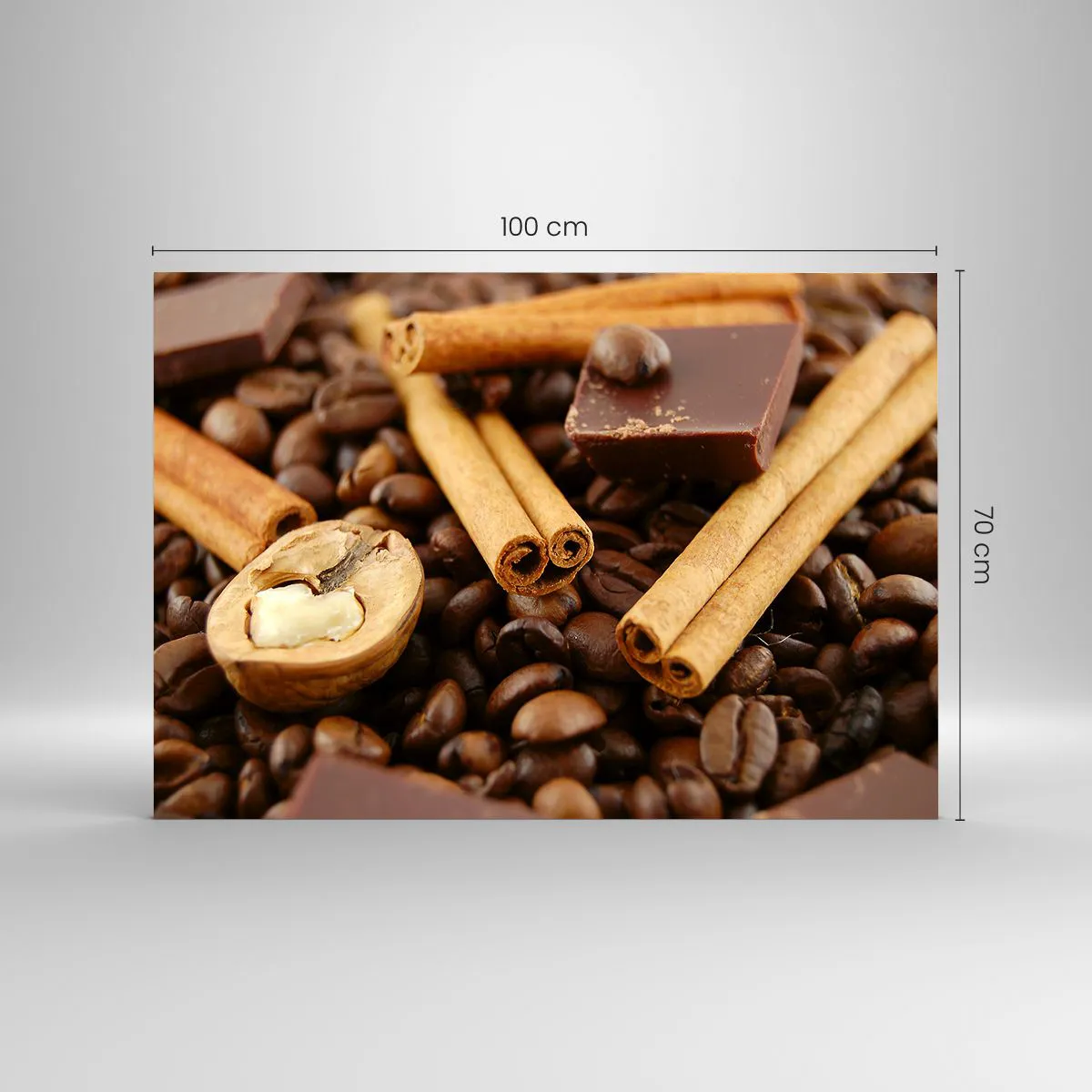 Impression sur verre - Image sur verre - Gros plan sur le café, la cannelle, le chocolat et les noix - 100x70cm - Concert d'aromates - Décoration murale moderne pour le salon et la chambre ARTTOR