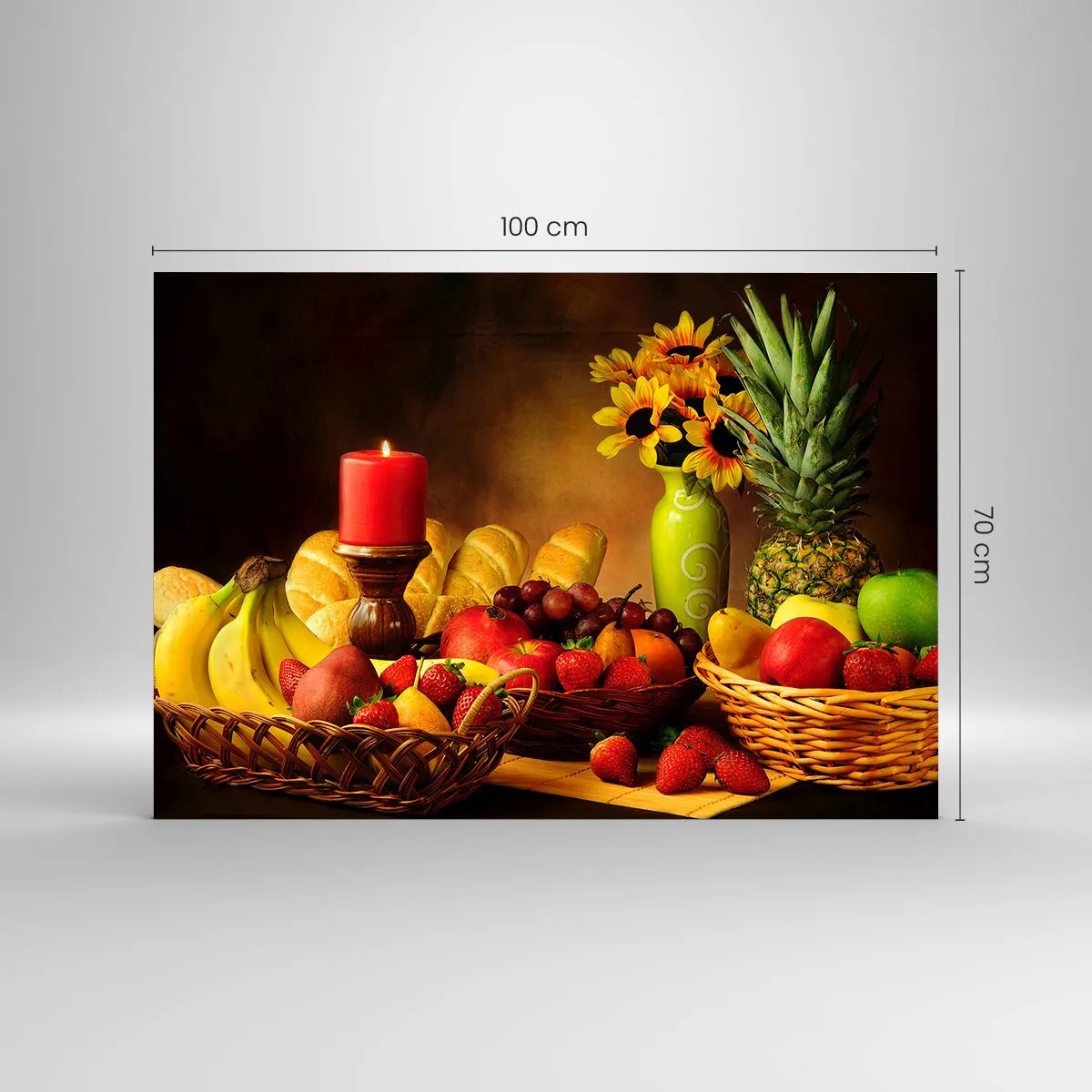 Obraz na szkle - Kompozycja owoców, pieczywa i świecy w rustykalnym stylu - 100x70cm - Martwa natura z pieczywem i owocami - Nowoczesna dekoracja ścienna do salonu, kuchni i sypialni ARTTOR