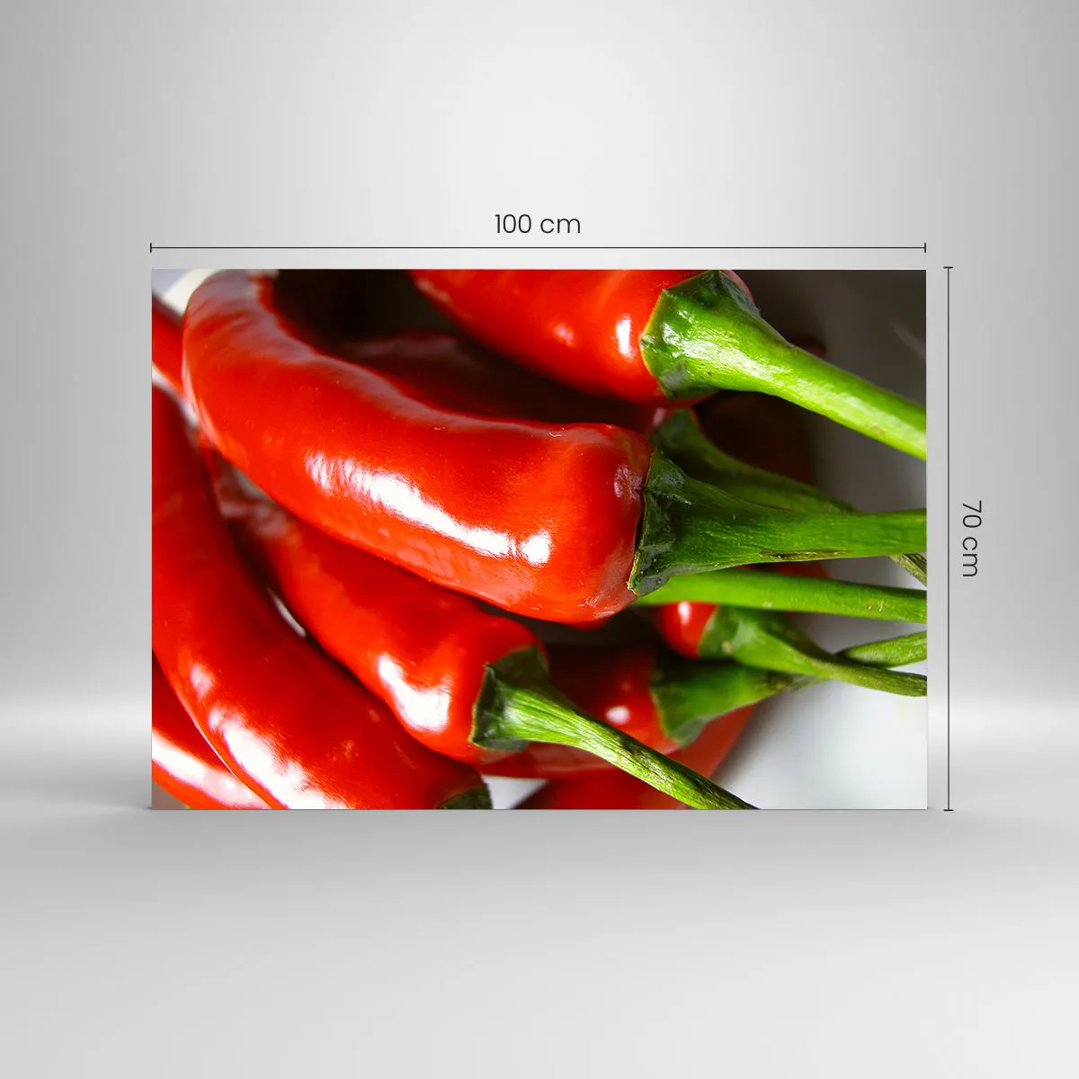 Quadro su vetro - Peperoncini rossi con gambi verdi - 100x70cm - Succosi, lisci e lucenti - Decorazione murale moderna per soggiorno e camera da letto ARTTOR
