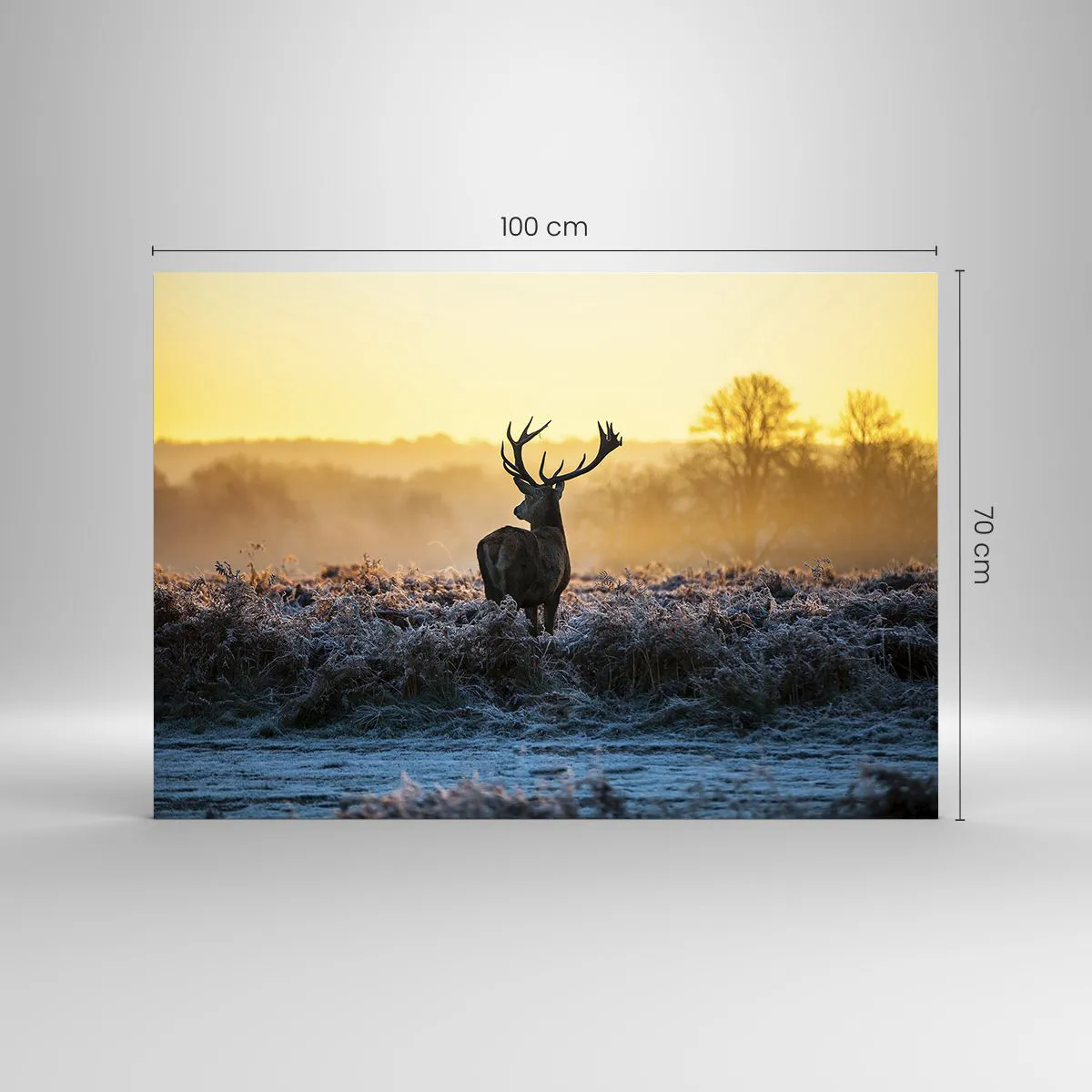 Glasbild - Bild auf glas - Hirsch an einem frostigen Morgen mit dem Sonnenaufgang im Hintergrund - 100x70cm - Gekrönt auf seinem Besitz - Moderne Wanddekoration für Wohnzimmer und Schlafzimmer ARTTOR