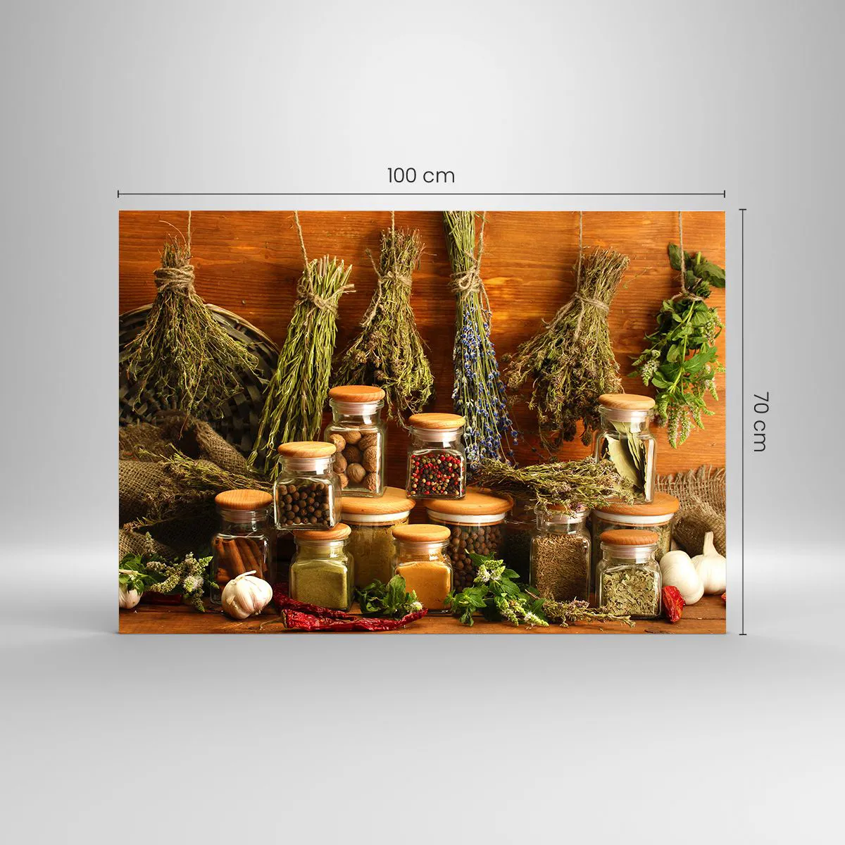 Quadro su vetro - Erbe e spezie in barattoli su fondo in legno - 100x70cm - Magie di cucina - Decorazione murale moderna per soggiorno e camera da letto ARTTOR