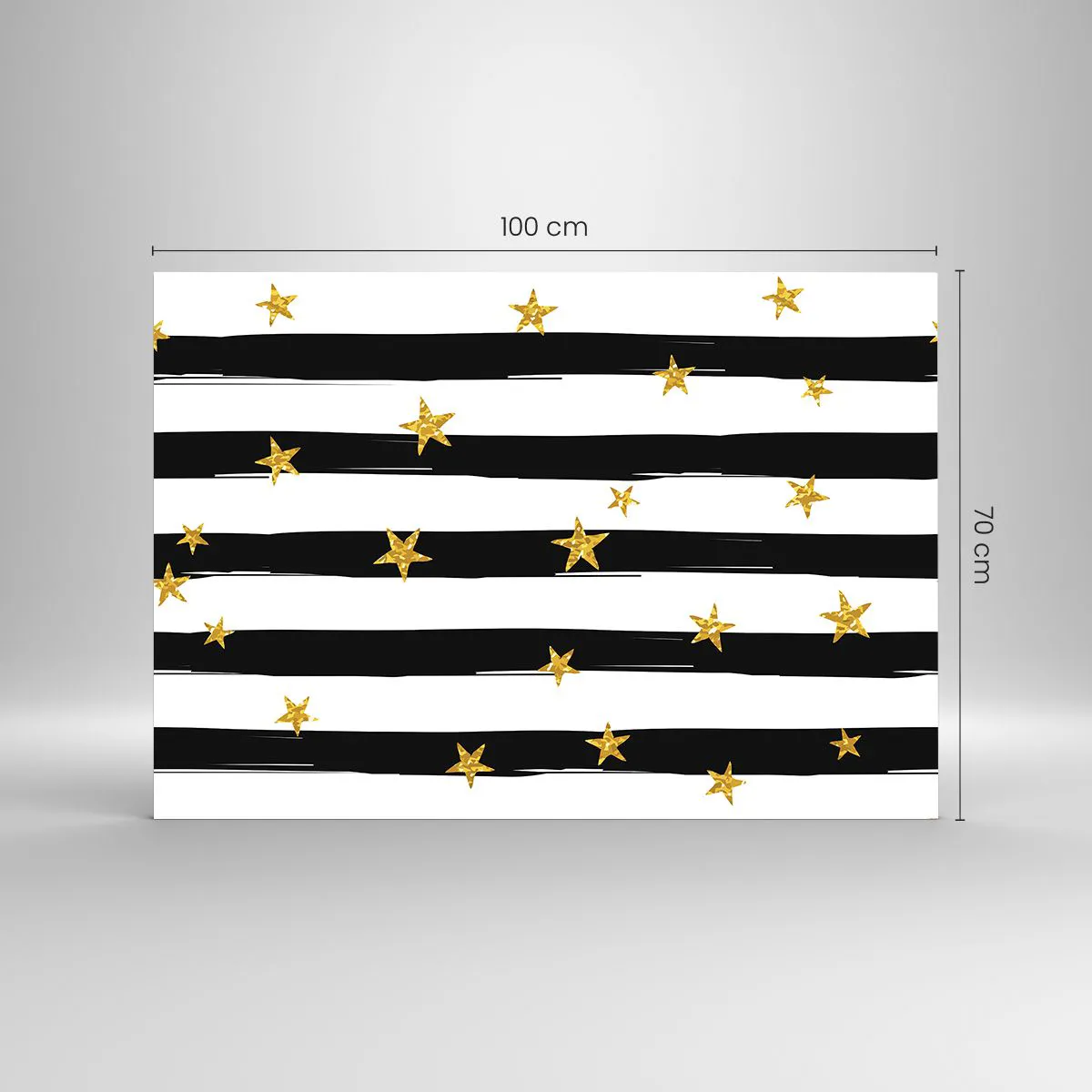 Impression sur verre - Image sur verre - Rayures noires et blanches avec étoiles dorées - 100x70cm - Nous sommes tous nés sous une bonne étoile - Décoration murale moderne pour le salon et la chambre ARTTOR