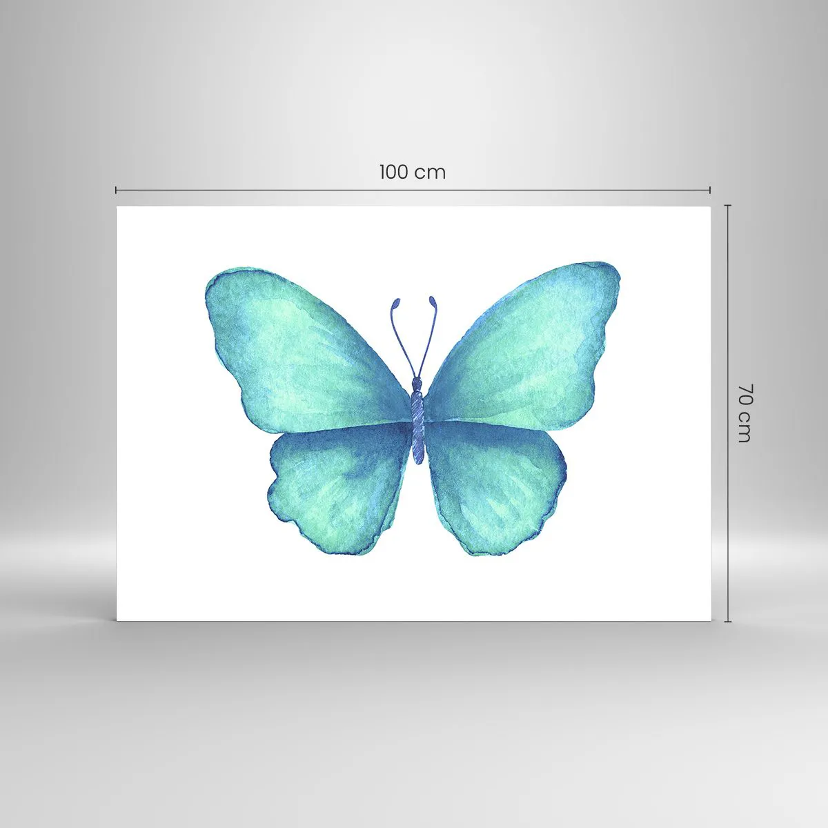 Glasbild - Bild auf glas - Blauer Schmetterling im Aquarellstil auf weißem Hintergrund - 100x70cm - Türkis von Natur aus - Moderne Wanddekoration für Wohnzimmer und Schlafzimmer ARTTOR