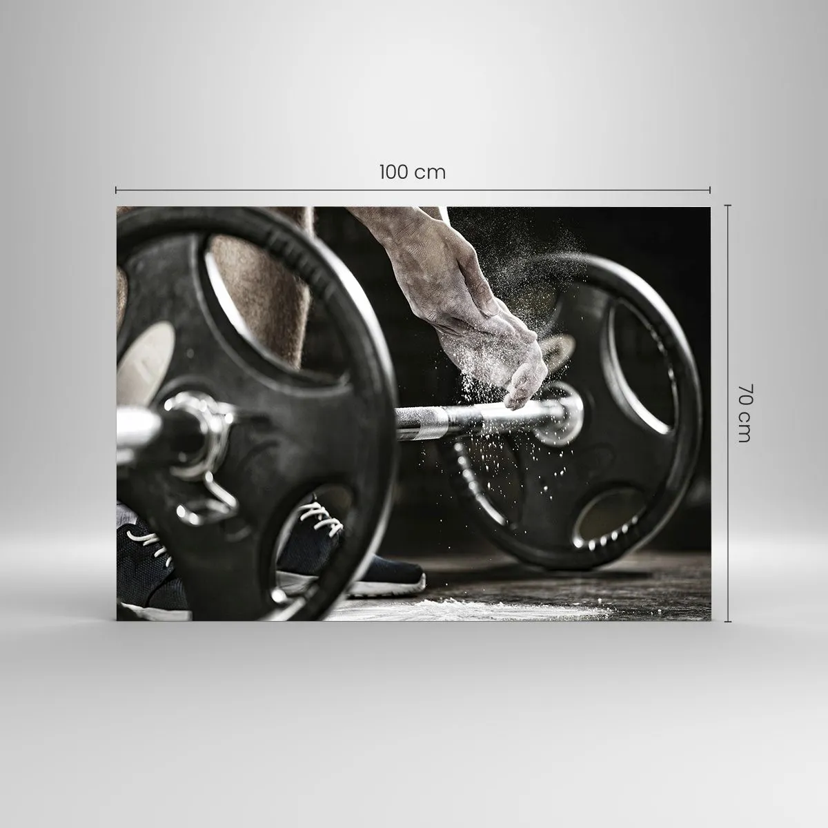 Cuadro sobre vidrio - Impresiones sobre Vidrio - Levantamiento de pesas con tiza en las manos y una barra - 100x70cm - ¡Reto aceptado! - Decoración de pared moderna para salón y dormitorio ARTTOR
