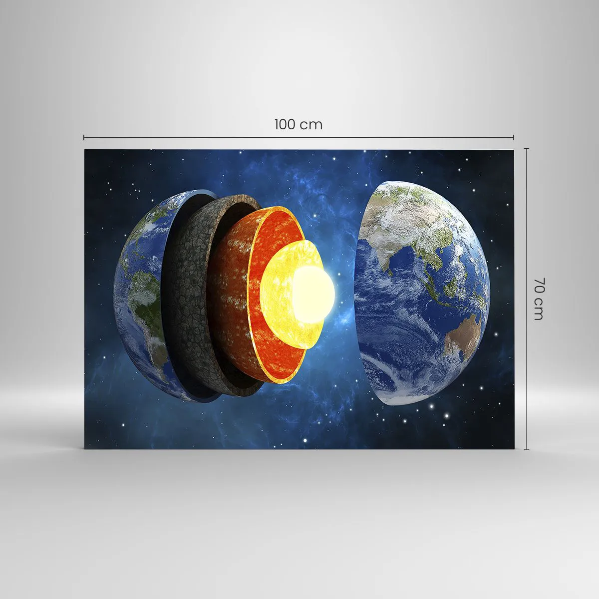 Obraz na szkle - Przekrój Ziemi ukazujący jej warstwy na tle kosmosu - 100x70cm - Wyprawa do wnętrz Ziemi - Nowoczesna dekoracja ścienna do salonu, kuchni i sypialni ARTTOR
