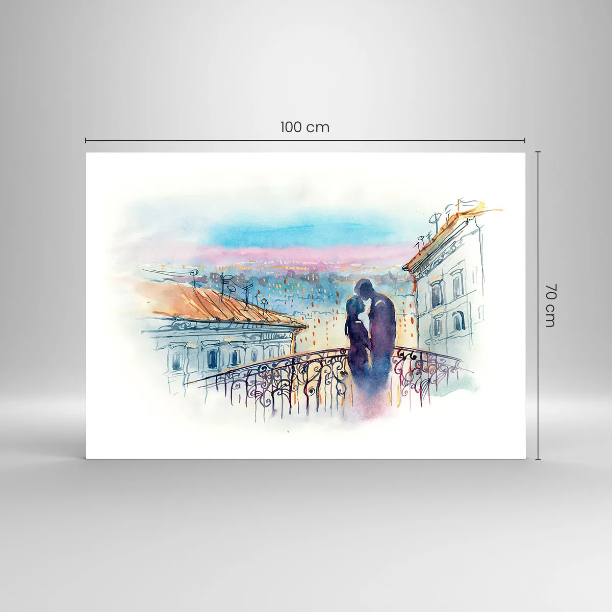 Quadro su vetro - Coppia sul balcone che si gode un romantico tramonto - 100x70cm - Amanti parigini - Decorazione murale moderna per soggiorno e camera da letto ARTTOR