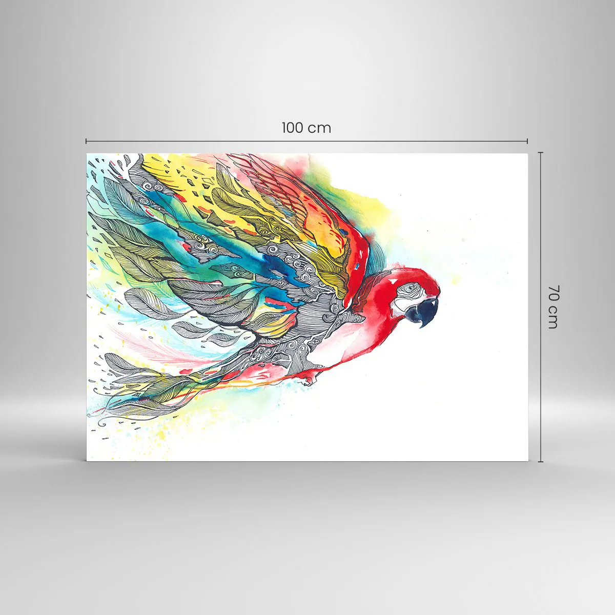 Impression sur verre - Image sur verre - Perroquet coloré avec des ailes et des détails artistiques - 100x70cm - Vivez haut en couleurs - Décoration murale moderne pour le salon et la chambre ARTTOR