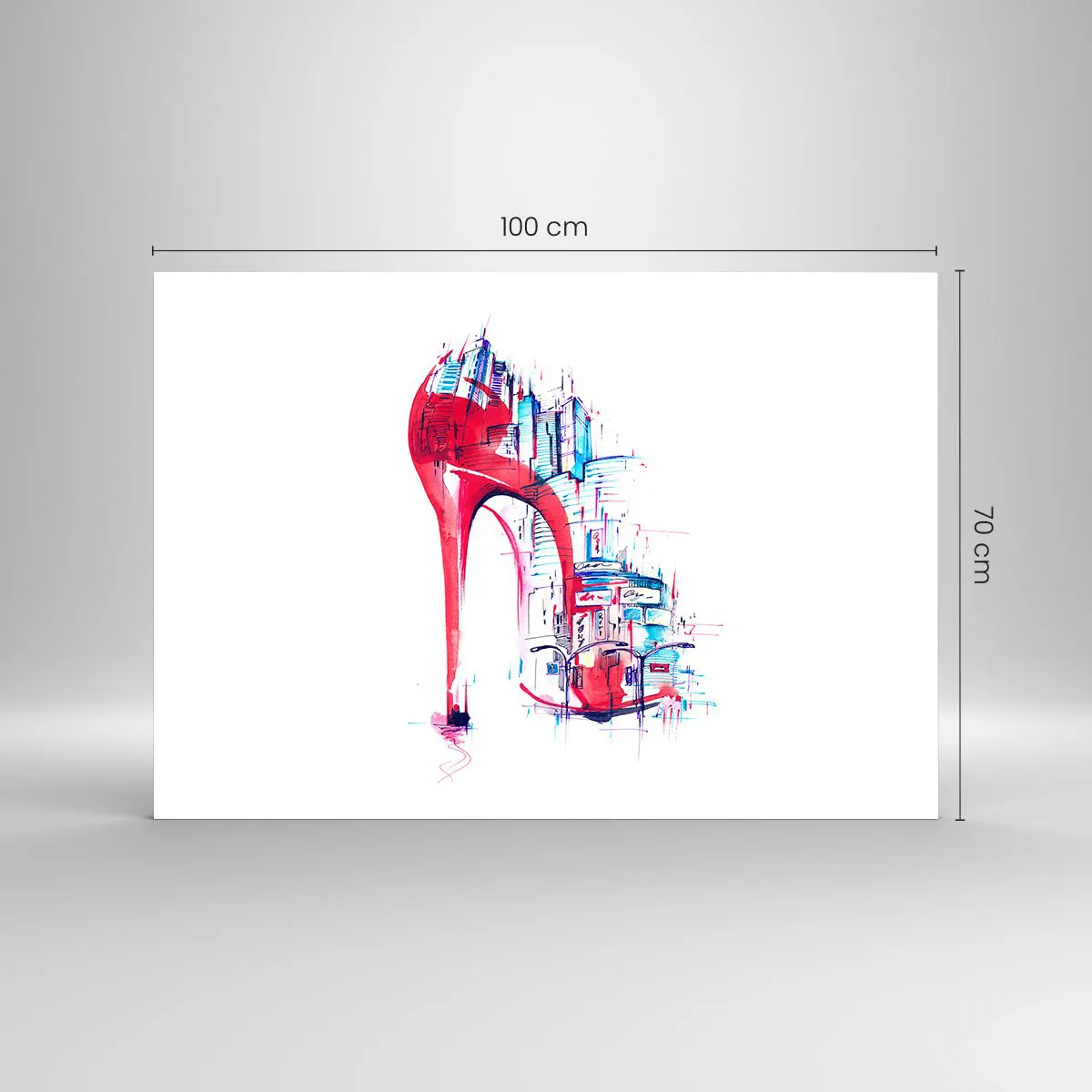 Impression sur verre - Image sur verre - Stiletto rouge avec un motif d'architecture urbaine - 100x70cm - L'élégance des grandes villes - Décoration murale moderne pour le salon et la chambre ARTTOR