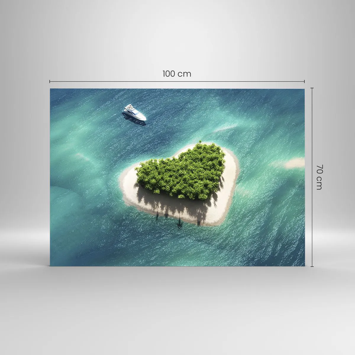 Cuadro sobre vidrio - Impresiones sobre Vidrio - Ilustración de una isla en forma de corazón con un barco contra un mar turquesa - 100x70cm - Me encanta el verano - Decoración de pared moderna para salón y dormitorio ARTTOR