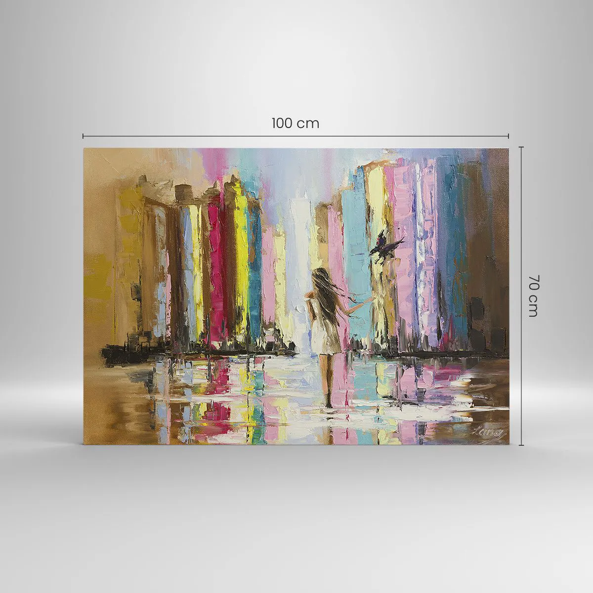 Impression sur verre - Image sur verre - Une femme avec un oiseau en arrière-plan de bâtiments colorés - 100x70cm - Viens avec moi - Décoration murale moderne pour le salon et la chambre ARTTOR