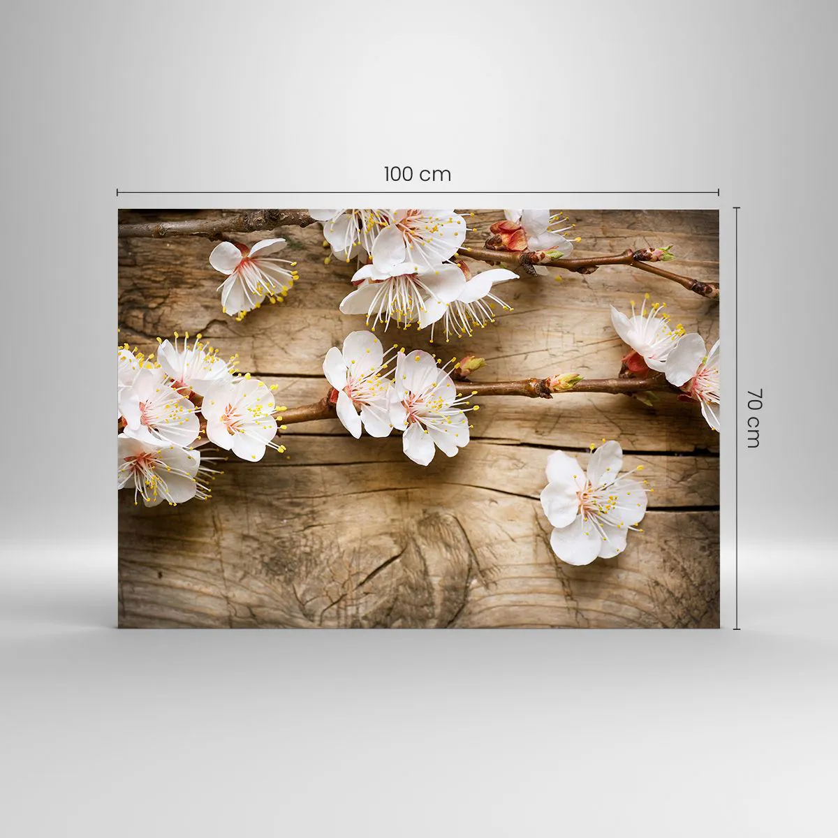 Quadro su vetro - Rami di ciliegi in fiore su uno sfondo di legno - 100x70cm - Ed è giunta la primavera - Decorazione murale moderna per soggiorno e camera da letto ARTTOR