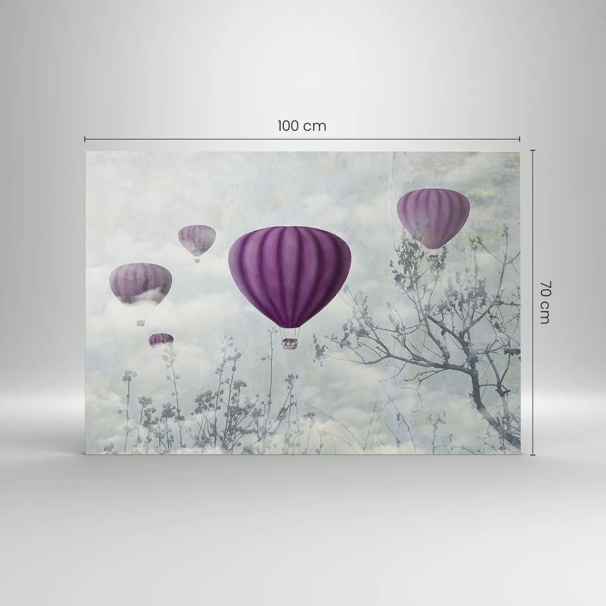 Impression sur verre - Image sur verre - Des ballons violets flottant parmi les nuages et les branches des arbres - 100x70cm - Comme des navires dans le ciel - Décoration murale moderne pour le salon et la chambre ARTTOR