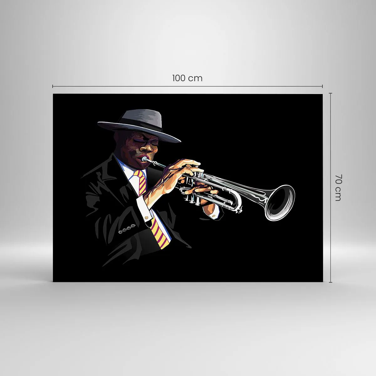 Impression sur verre - Image sur verre - Un musicien noir avec une trompette et un chapeau sur fond noir - 100x70cm - Le charme de la vieille école - Décoration murale moderne pour le salon et la chambre ARTTOR