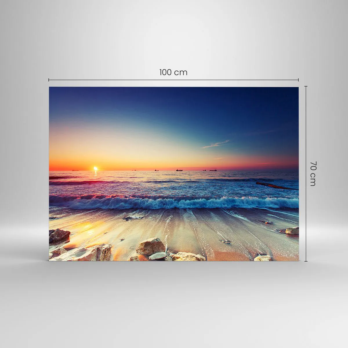 Impression sur verre - Image sur verre - Coucher de soleil sur la plage avec des vagues douces et une mer calme - 100x70cm - Mais quel horizon ? - Décoration murale moderne pour le salon et la chambre ARTTOR