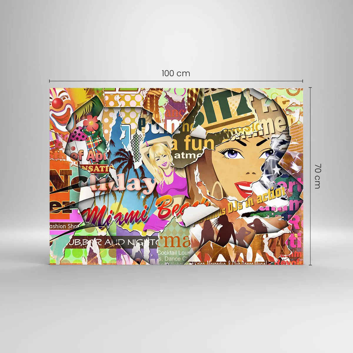 Obraz na szkle - Kolorowy kolaż retro z plakatami i grafiką - 100x70cm - Wakacyjne retrospekcje - Nowoczesna dekoracja ścienna do salonu, kuchni i sypialni ARTTOR