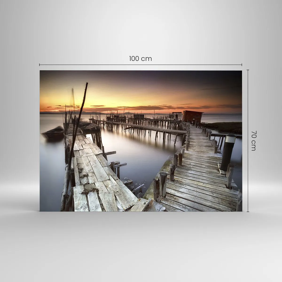 Obraz na szkle - Drewniane pomosty o zachodzie słońca nad spokojnym jeziorem - 100x70cm - Autentyk, nie turystyczna atrapa - Nowoczesna dekoracja ścienna do salonu, kuchni i sypialni ARTTOR