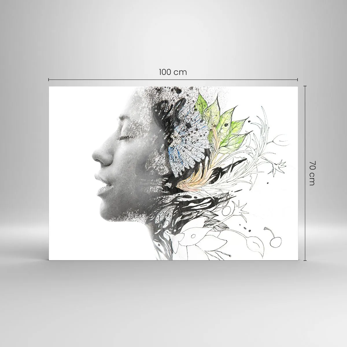 Impression sur verre - Image sur verre - Profil de femme avec des motifs de la nature dans un style monochrome - 100x70cm - Immergé dans la nature - Décoration murale moderne pour le salon et la chambre ARTTOR
