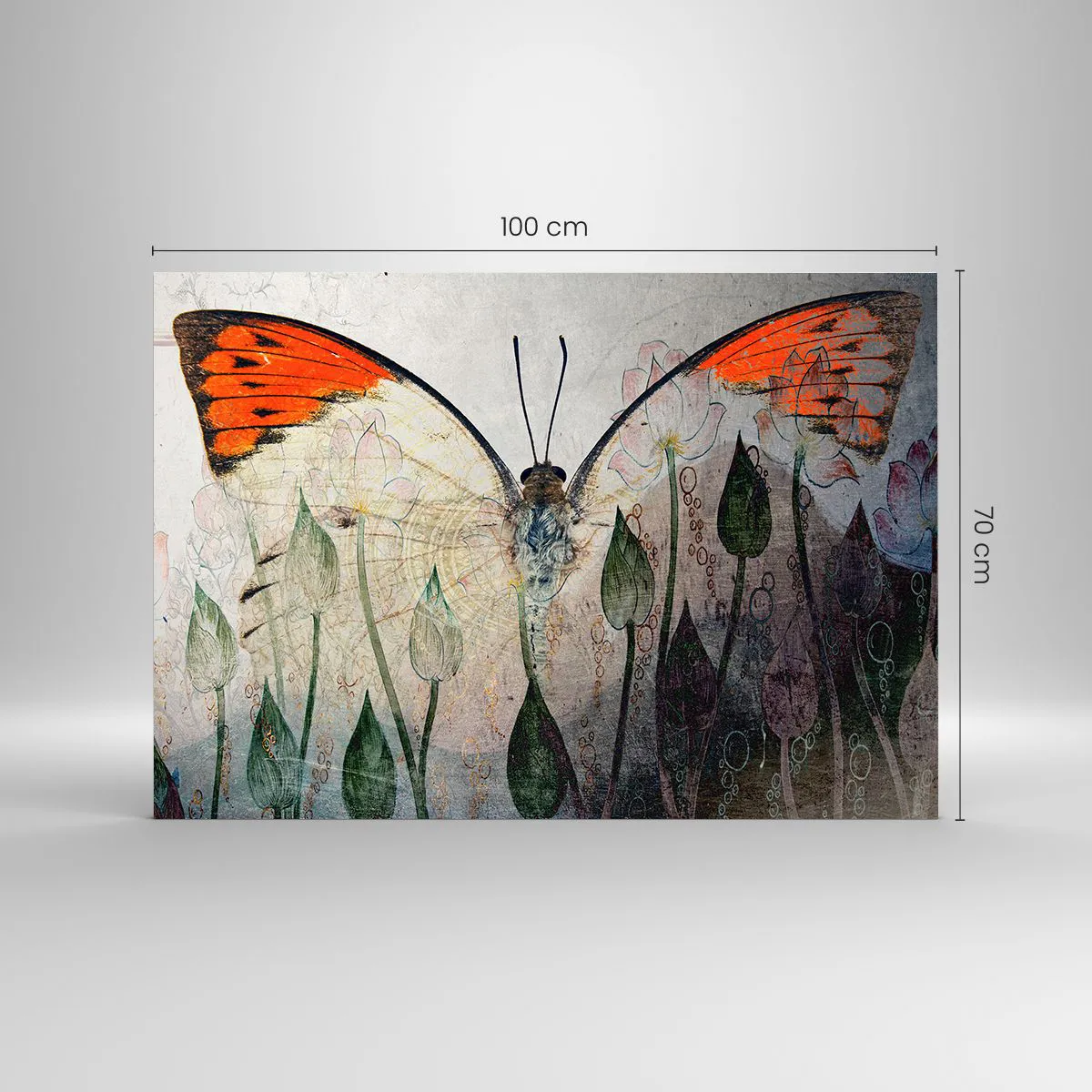 Tablou pe sticlă - Unde fluturele se leagănă pe iarbă - 100x70 cm