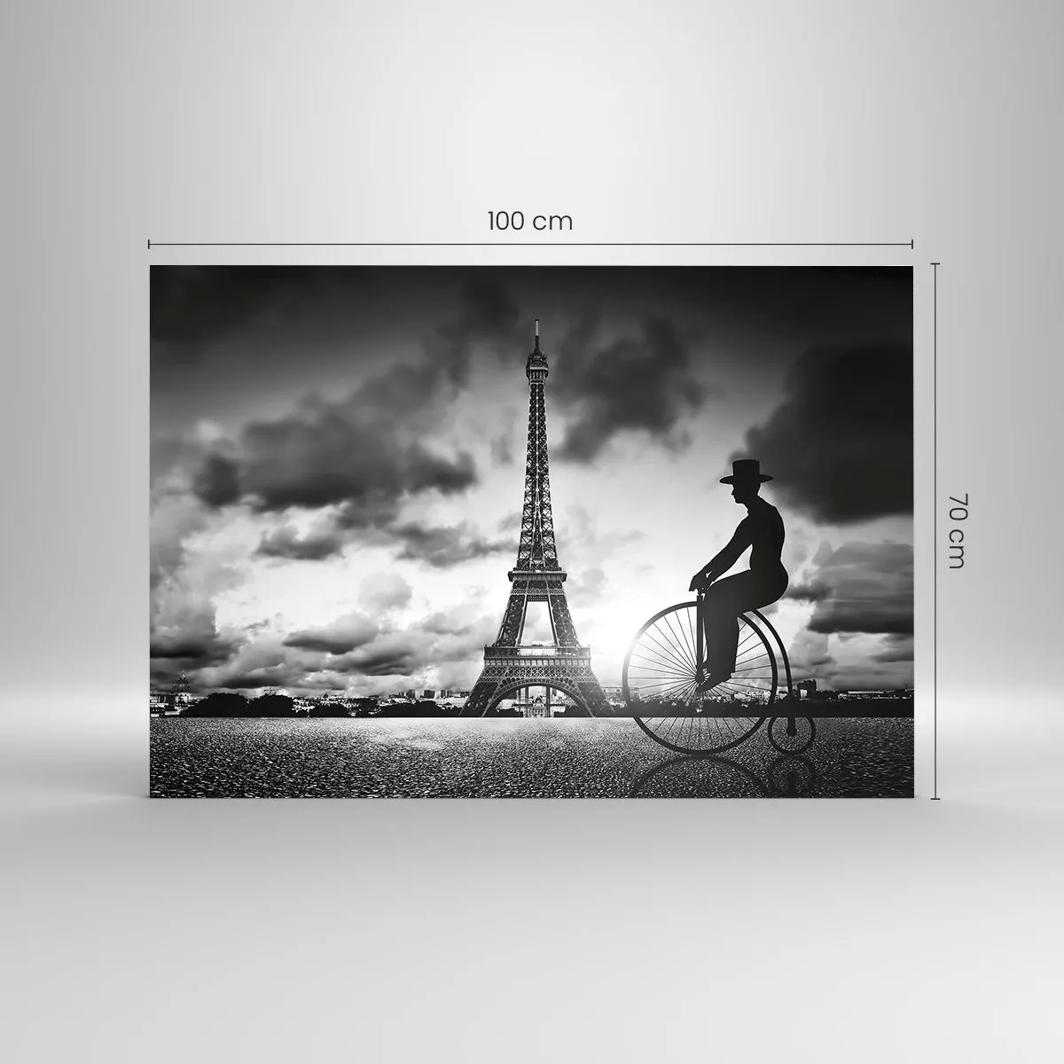 Cuadro sobre vidrio - Impresiones sobre Vidrio - Torre Eiffel con bicicleta retro en blanco y negro - 100x70cm - Añoranza de la Belle Epoque - Decoración de pared moderna para salón y dormitorio ARTTOR