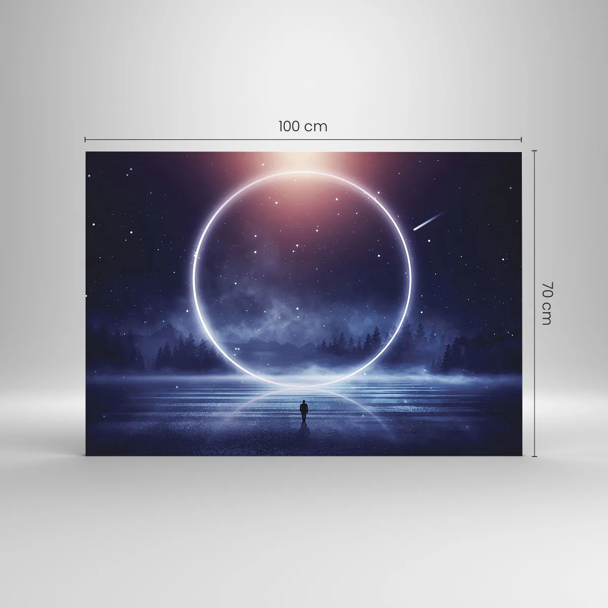 Impression sur verre - Image sur verre - Un cercle de lumière au-dessus du lac parmi le ciel nocturne et la forêt - 100x70cm - Ils sont déjà là... - Décoration murale moderne pour le salon et la chambre ARTTOR