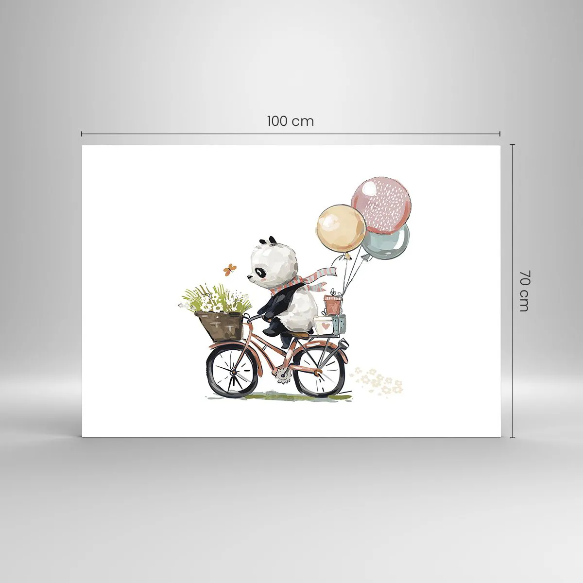 Impression sur verre - Image sur verre - Un panda faisant du vélo avec des ballons et un panier de fleurs. - 100x70cm - Jour de chance - Décoration murale moderne pour le salon et la chambre ARTTOR