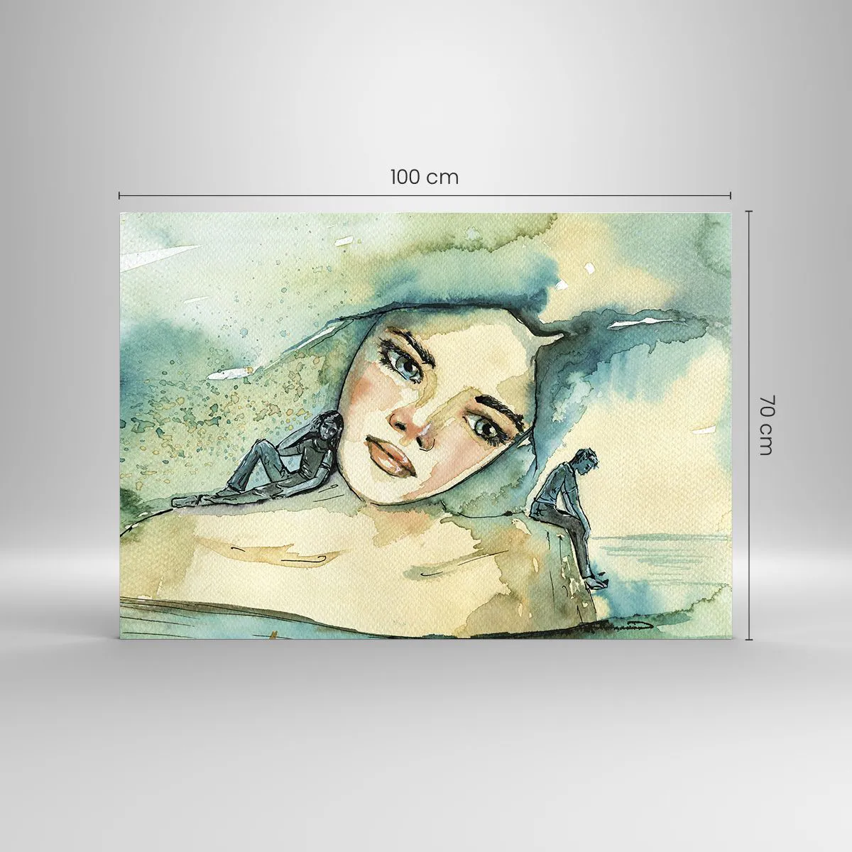 Obraz na szkle - Portret kobiety w akwarelowym stylu z sylwetkami postaci - 100x70cm - Am I blue? - Nowoczesna dekoracja ścienna do salonu, kuchni i sypialni ARTTOR