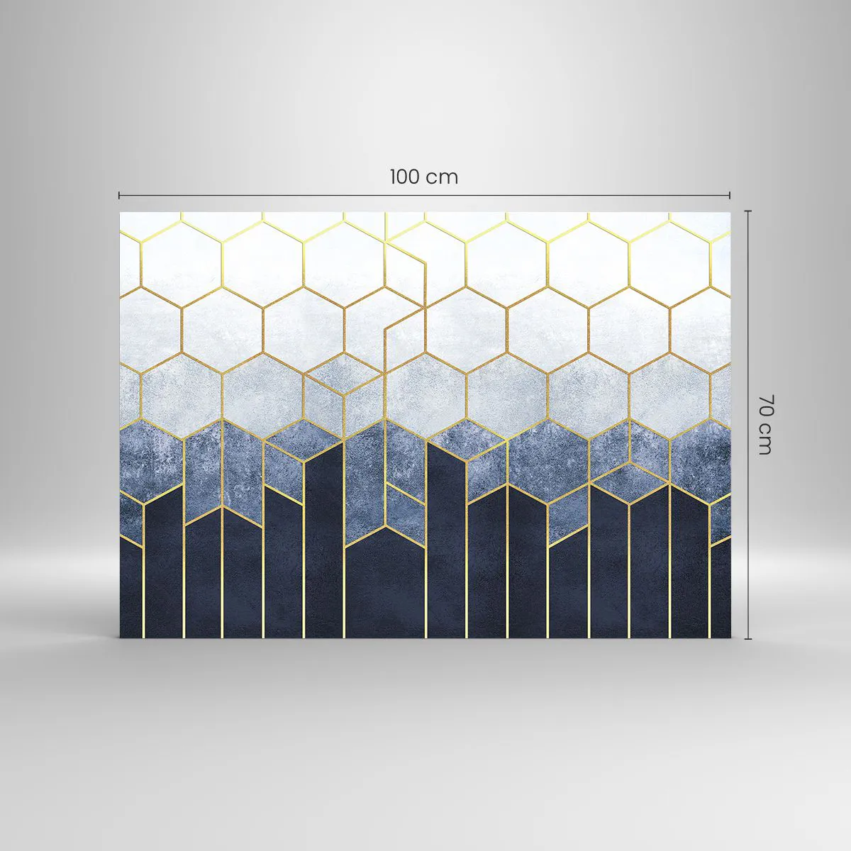 Cuadro sobre vidrio - Impresiones sobre Vidrio - Patrón geométrico en colores dorado y azul marino. - 100x70cm - Composición rítmica visual - Decoración de pared moderna para salón y dormitorio ARTTOR