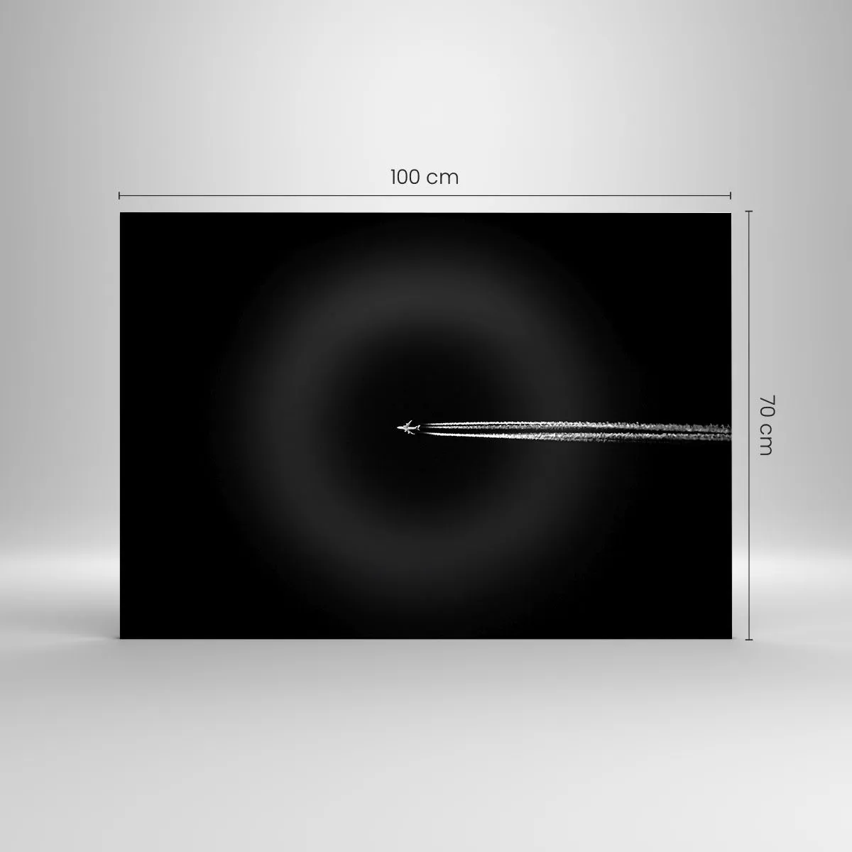 Impression sur verre - Image sur verre - Un avion à réaction sur fond noir avec une traînée de condensation - 100x70cm - Dans une autre dimension - Décoration murale moderne pour le salon et la chambre ARTTOR