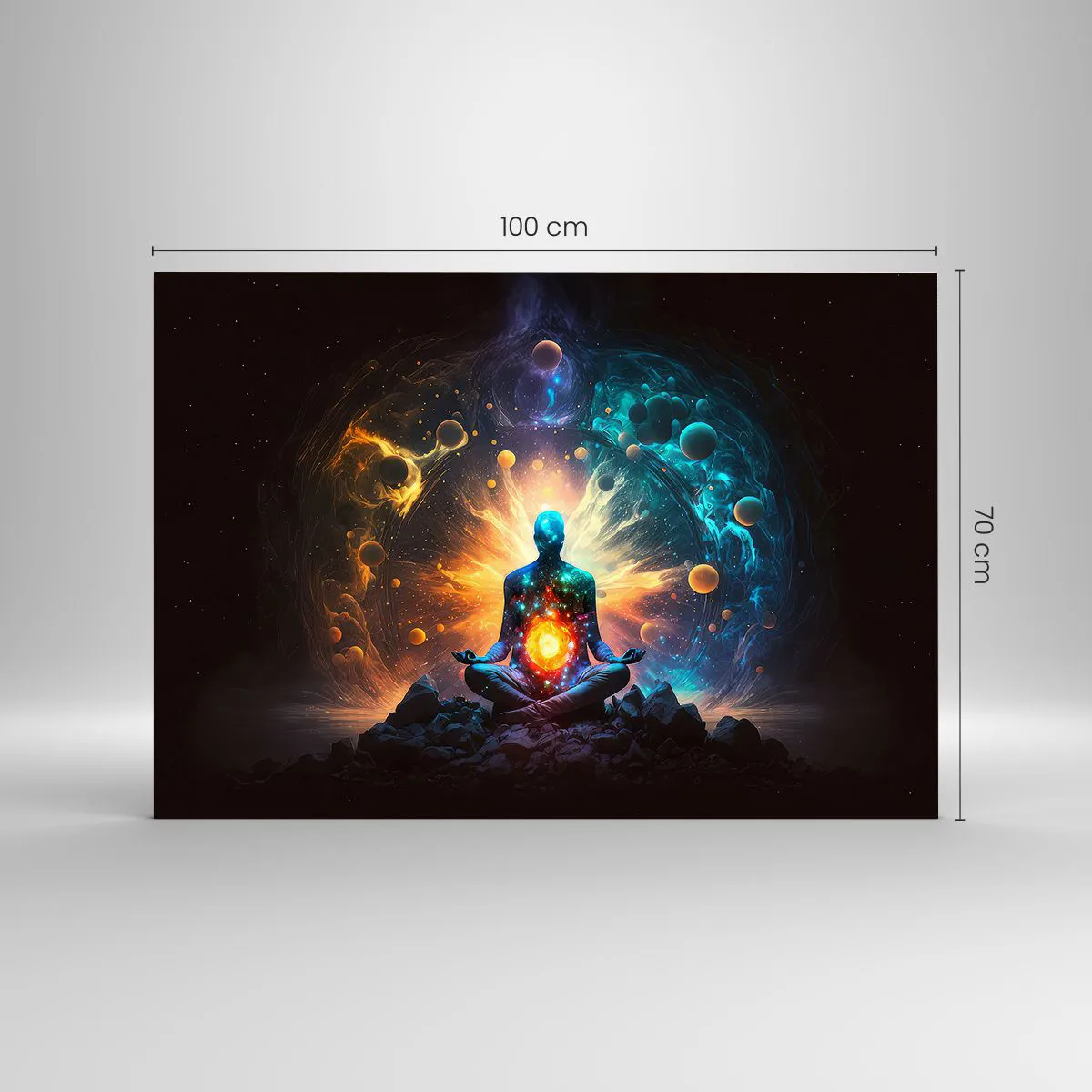 Glasbild - Bild auf glas - Eine meditierende Silhouette in einer kosmischen Farbexplosion - 100x70cm - Kosmischer Frieden - Moderne Wanddekoration für Wohnzimmer und Schlafzimmer ARTTOR