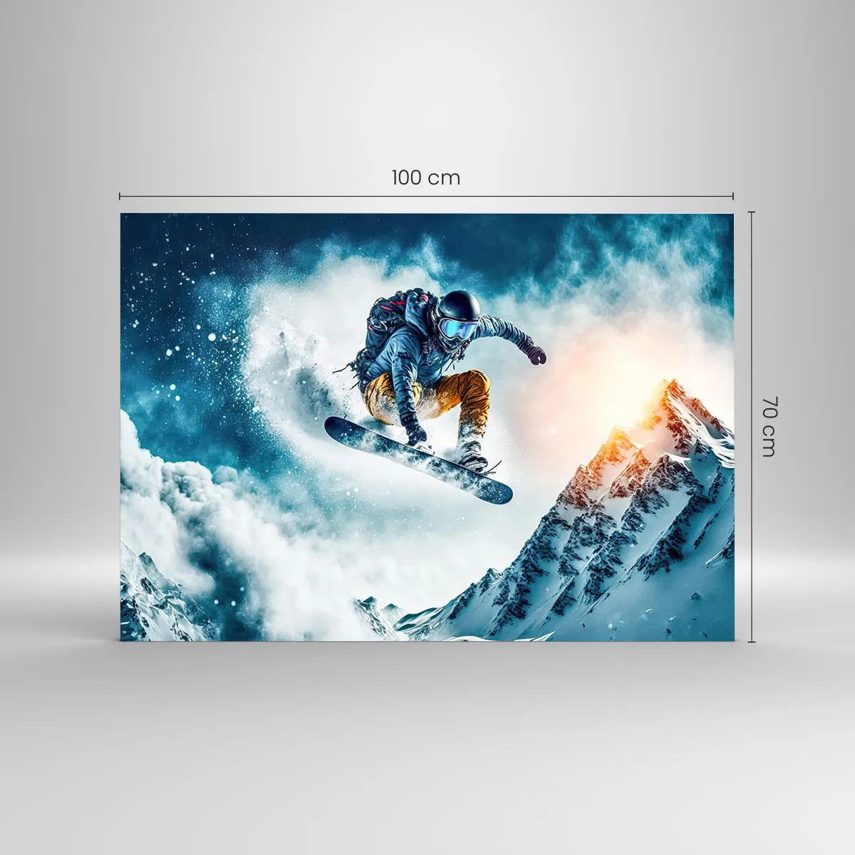 Quadro su vetro - Uno snowboarder vola sopra le montagne innevate - 100x70cm - Emozioni estreme - Decorazione murale moderna per soggiorno e camera da letto ARTTOR