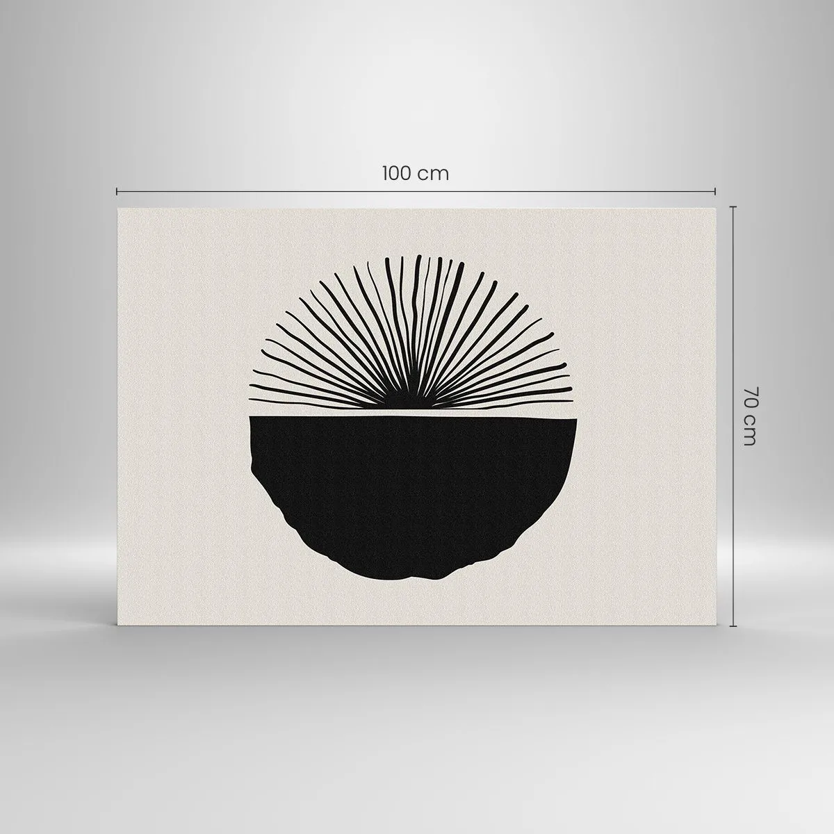 Glasbild - Bild auf glas - Eine schwarze geometrische Form mit einem Fächer aus Linien auf cremefarbenem Hintergrund. - 100x70cm - Eine Reihe von Möglichkeiten - Moderne Wanddekoration für Wohnzimmer und Schlafzimmer ARTTOR