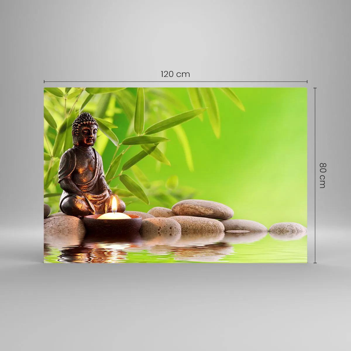 Impression sur verre - Image sur verre - Une figure de Bouddha avec une bougie allumée dans un cadre verdoyant - 120x80cm - La vie est belle - Décoration murale moderne pour le salon et la chambre ARTTOR