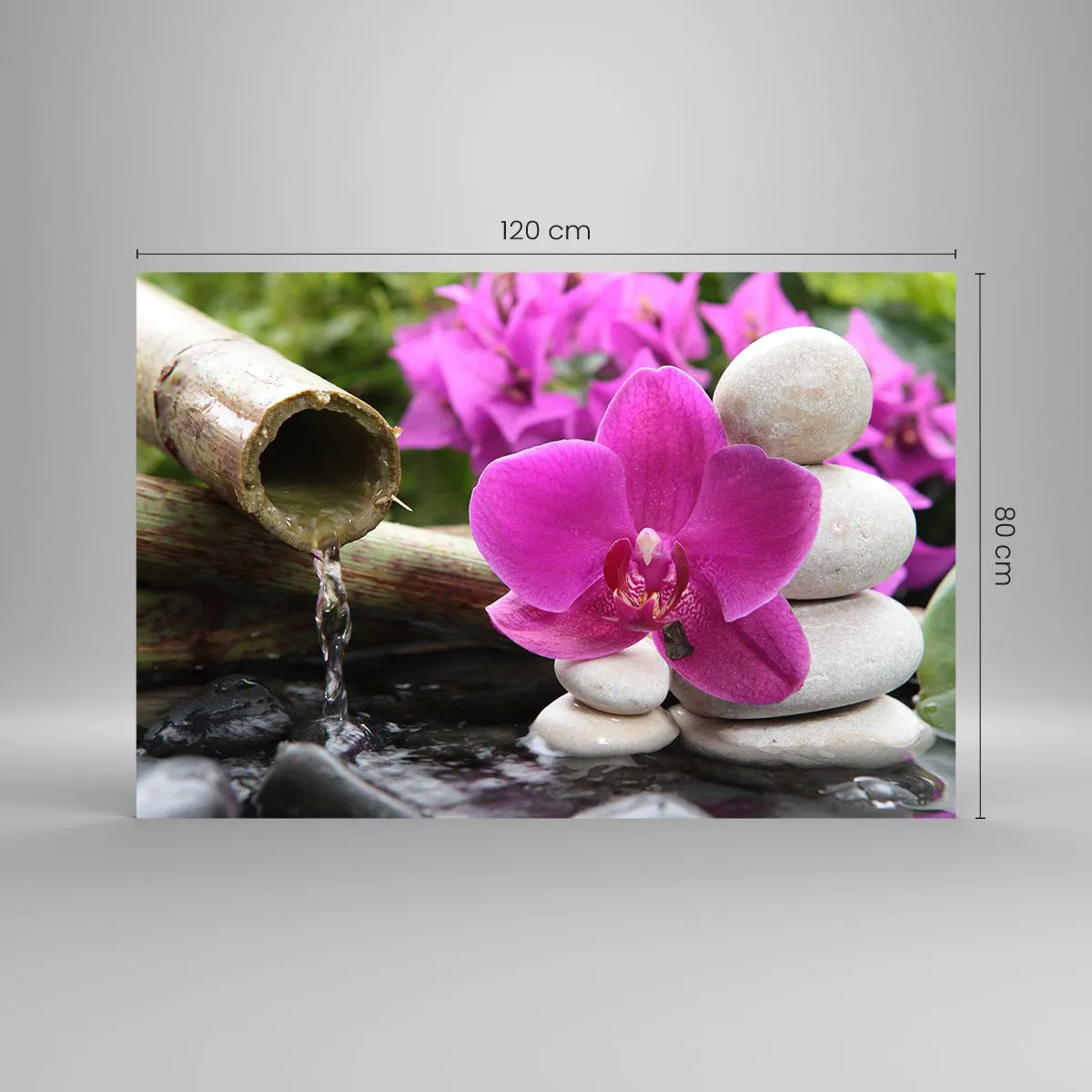 Obraz na szkle - Fioletowa orchidea, kamienie i bambusowy wodospad - 120x80cm - Już odpoczywasz - Nowoczesna dekoracja ścienna do salonu, kuchni i sypialni ARTTOR