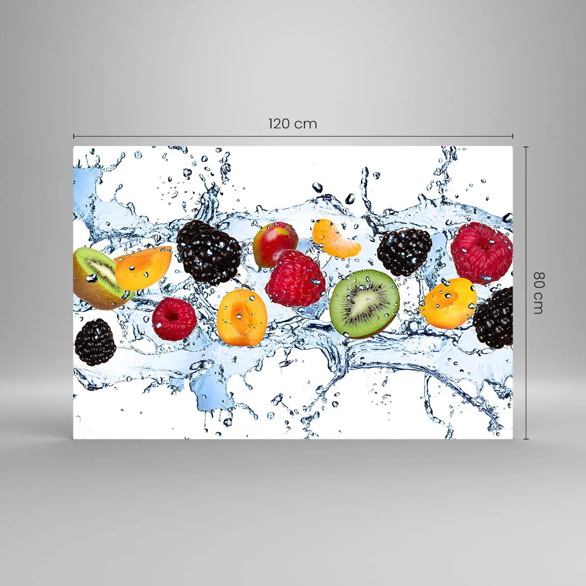 Cuadro sobre vidrio - Impresiones sobre Vidrio - Frutas coloridas en agua sobre un fondo blanco. - 120x80cm - Juega con nosotros - Decoración de pared moderna para salón y dormitorio ARTTOR