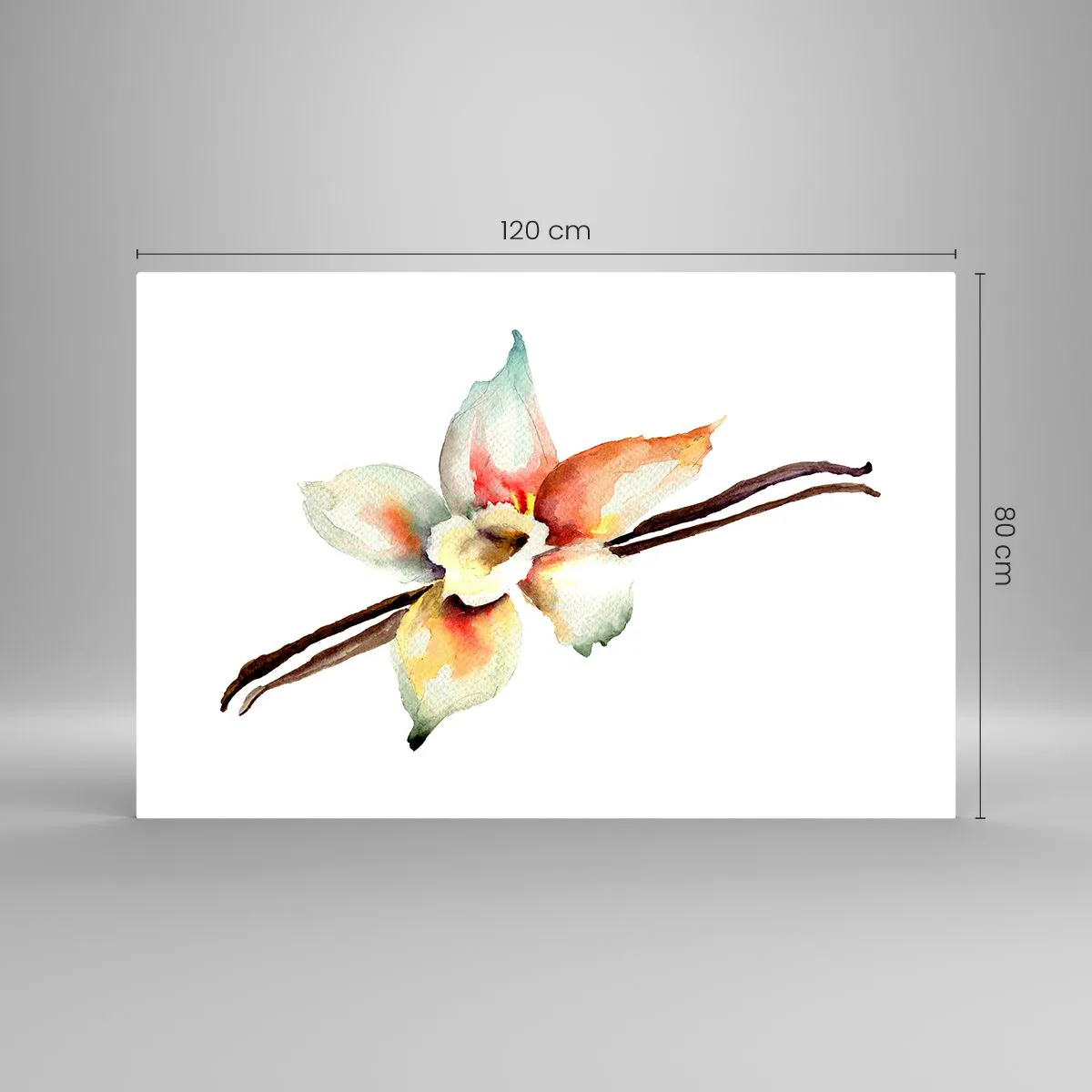 Glasbild - Bild auf glas - Aquarell-Illustration einer Vanilleblüte auf weißem Hintergrund - 120x80cm - Süße mit Farbe verschüttet - Moderne Wanddekoration für Wohnzimmer und Schlafzimmer ARTTOR
