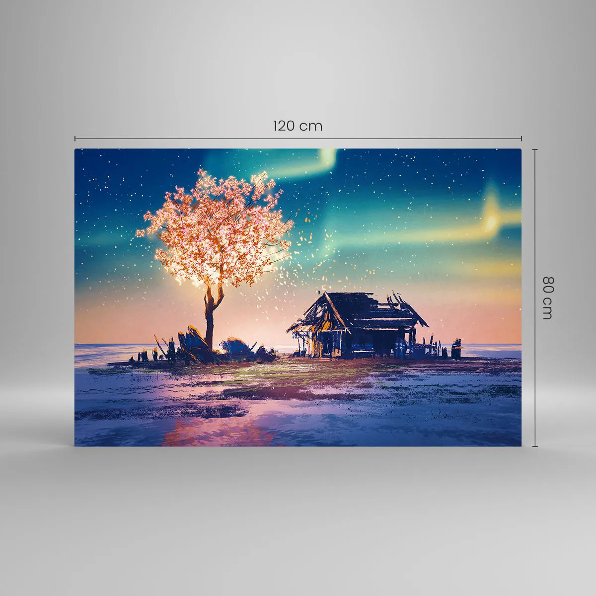 Impression sur verre - Image sur verre - Un paysage magique avec un arbre en fleurs et un chalet - 120x80cm - La nature ne passe pas - Décoration murale moderne pour le salon et la chambre ARTTOR