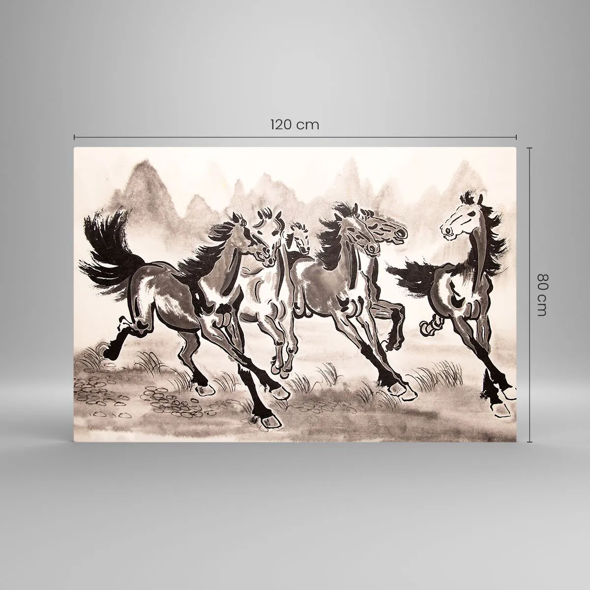 Quadro su vetro - Un gruppo di cavalli al galoppo in stile cinese - 120x80cm - Al galoppo con gioia - Decorazione murale moderna per soggiorno e camera da letto ARTTOR