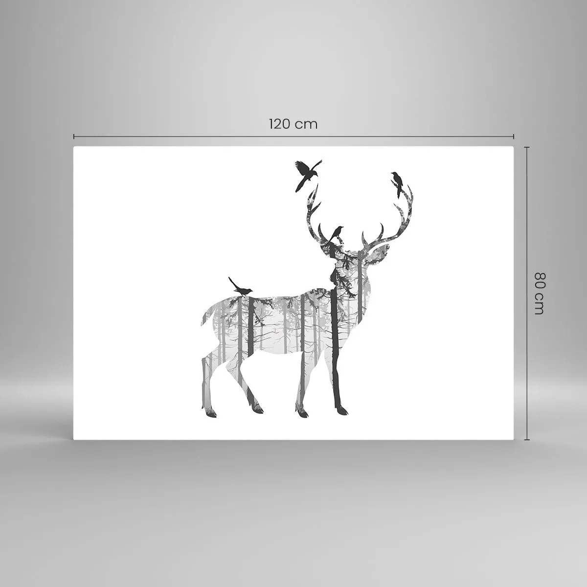 Impression sur verre - Image sur verre - Silhouette graphique d'un cerf avec un motif de forêt et d'oiseaux - 120x80cm - La bonne âme de la forêt - Décoration murale moderne pour le salon et la chambre ARTTOR