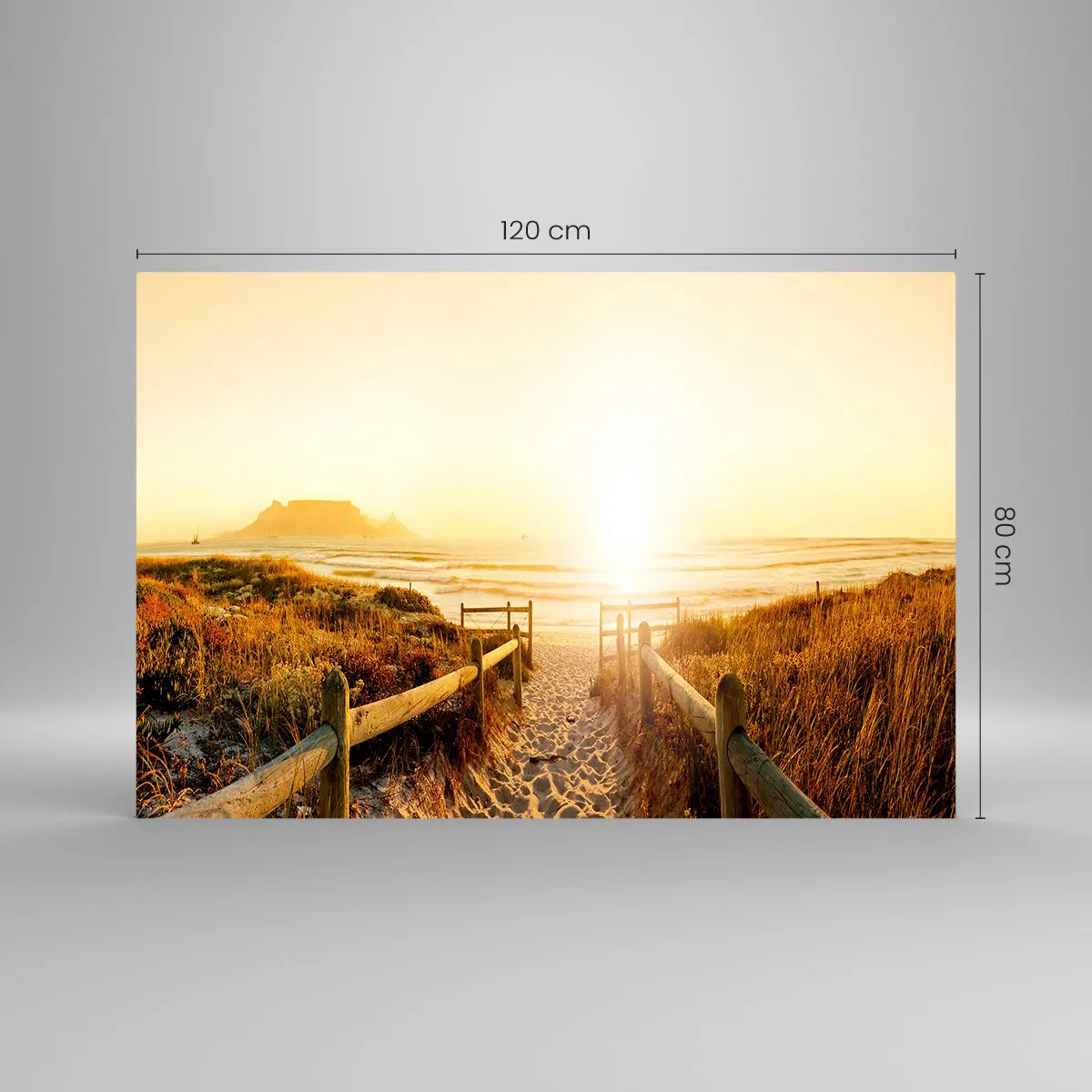 Cuadro sobre vidrio - Impresiones sobre Vidrio - Camino sobre la duna que conduce a la playa al atardecer - 120x80cm - A través de la duna, hacia el sol - Decoración de pared moderna para salón y dormitorio ARTTOR