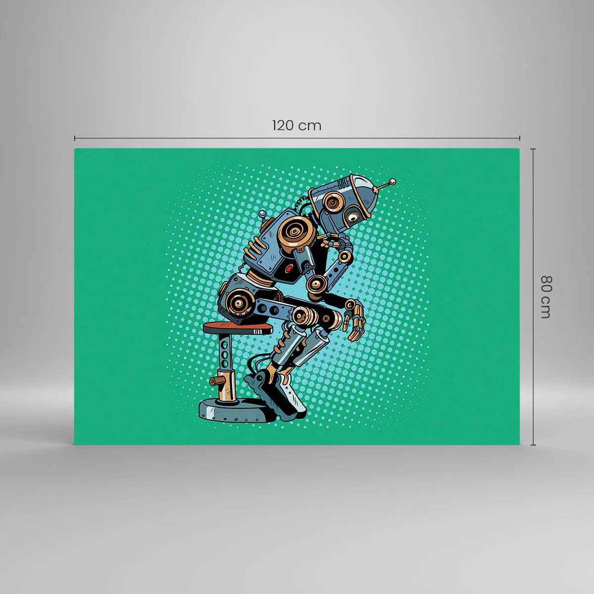 Impression sur verre - Image sur verre - Un robot penseur sur un fond de motif pop art vert. - 120x80cm - Au-dessus de l'essence de l'être - Décoration murale moderne pour le salon et la chambre ARTTOR