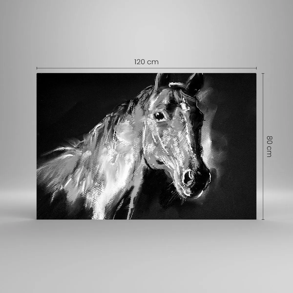 Glasbild - Bild auf glas - Porträt eines Pferdes in Schwarz-Weiß-Tönen auf dunklem Hintergrund - 120x80cm - Das Leuchten einer edlen Seele - Moderne Wanddekoration für Wohnzimmer und Schlafzimmer ARTTOR