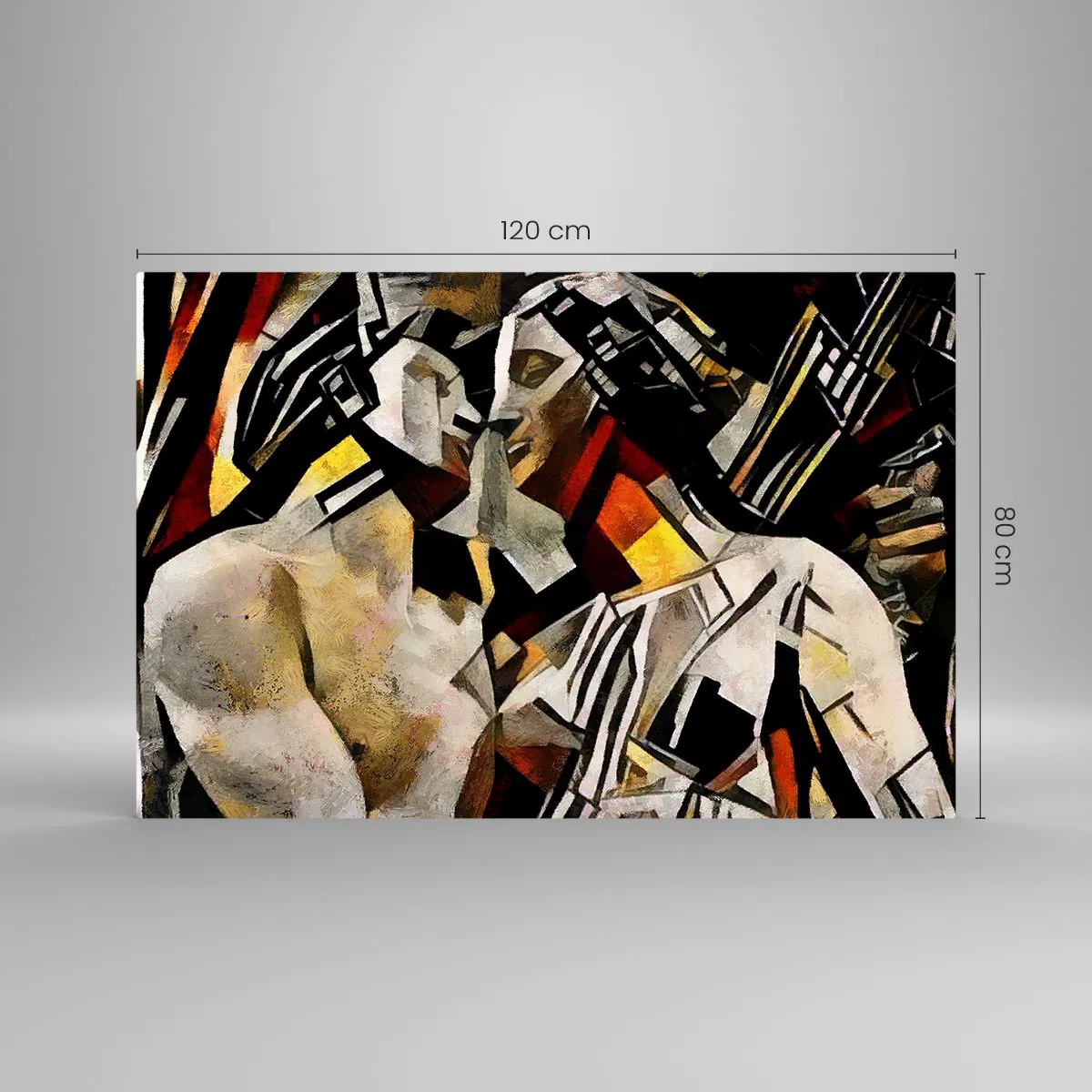 Cuadro sobre vidrio - Impresiones sobre Vidrio - Pareja abstracta en patrones geométricos - 120x80cm - Un beso escultural - Decoración de pared moderna para salón y dormitorio ARTTOR